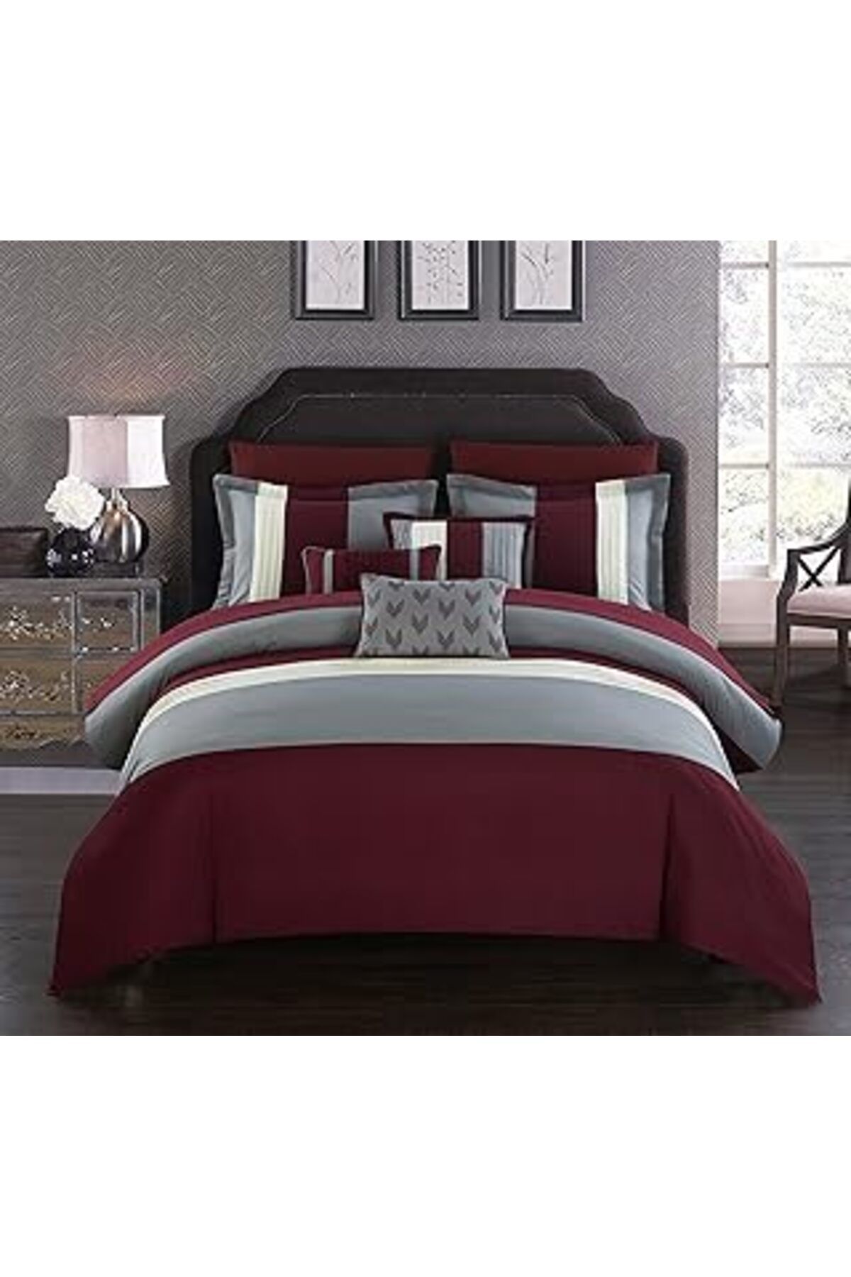 Qedii Chic Home Bcs00705-An Kuş Gözü 10 Parça Yorgan Seti Renk Bloğu Fırfırlı Çanta Nevresim - Dekoratif