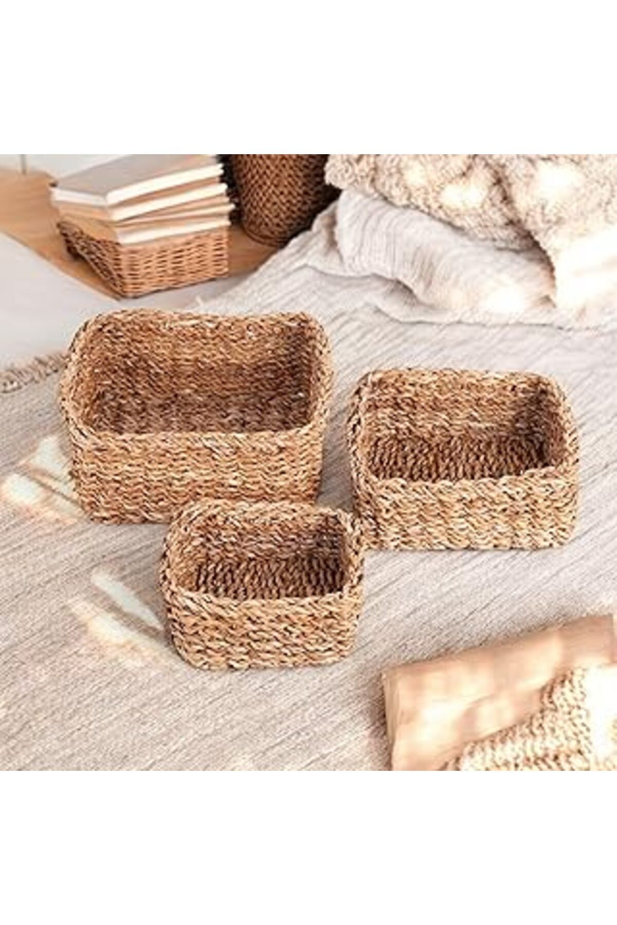 ASİTAN 3'Lü El Yapımı Doğal Rattan Düzenleyici Seti | 3'Lü Hasır Organizer Seti – Dekoratif, Çok Amaçlı Ve
