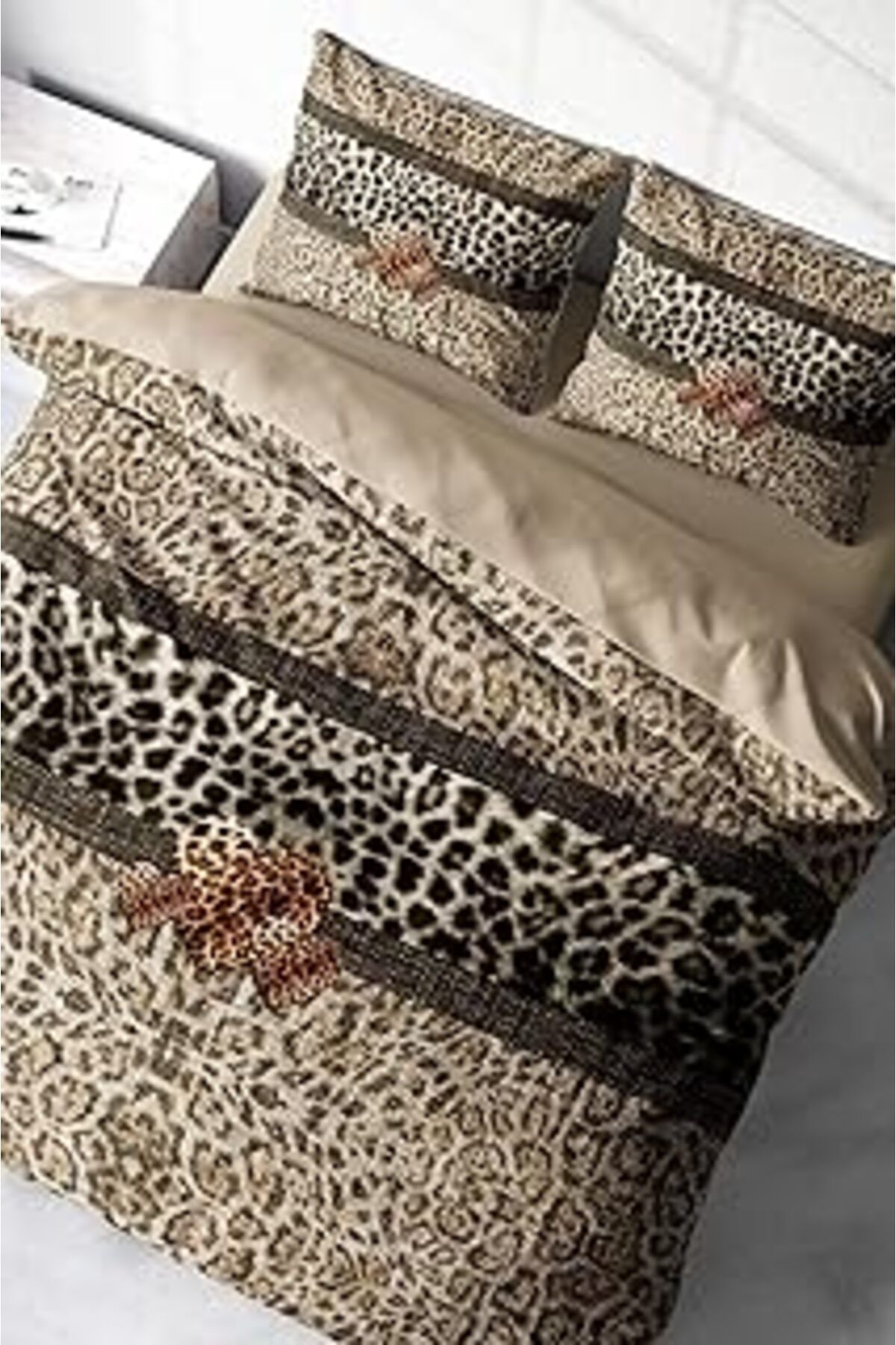 Qedii Monohome Leopar Çift Kişilik Nevresim Takımı Özel Dokuma Pamuk Saten Leopard Fabric