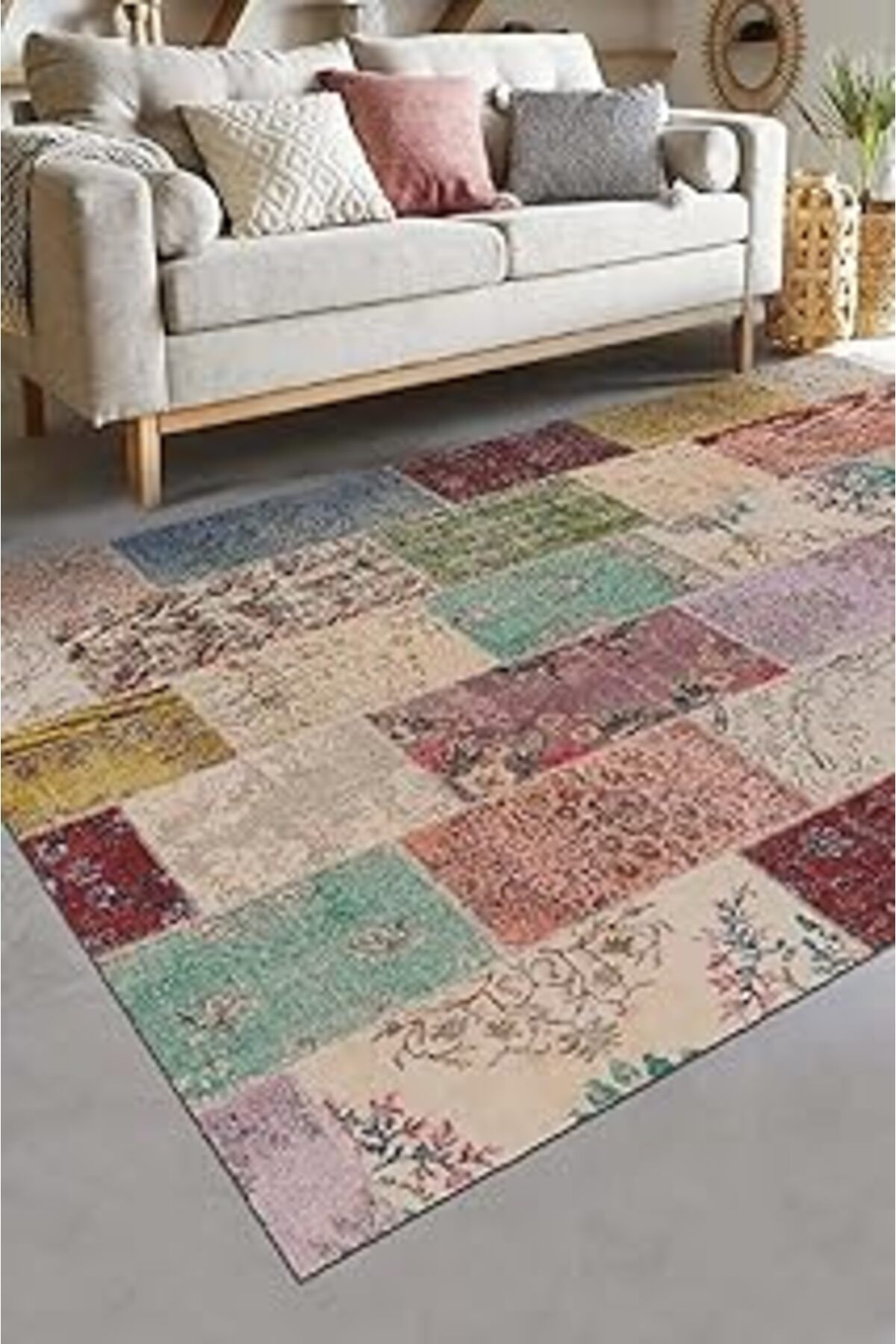 ASİTAN Depoba Afra Şönil Patchwork Kaymaz Pamuk Tabanlı Yıkanabilir Antibakteriyel Salon Halısı 80X300