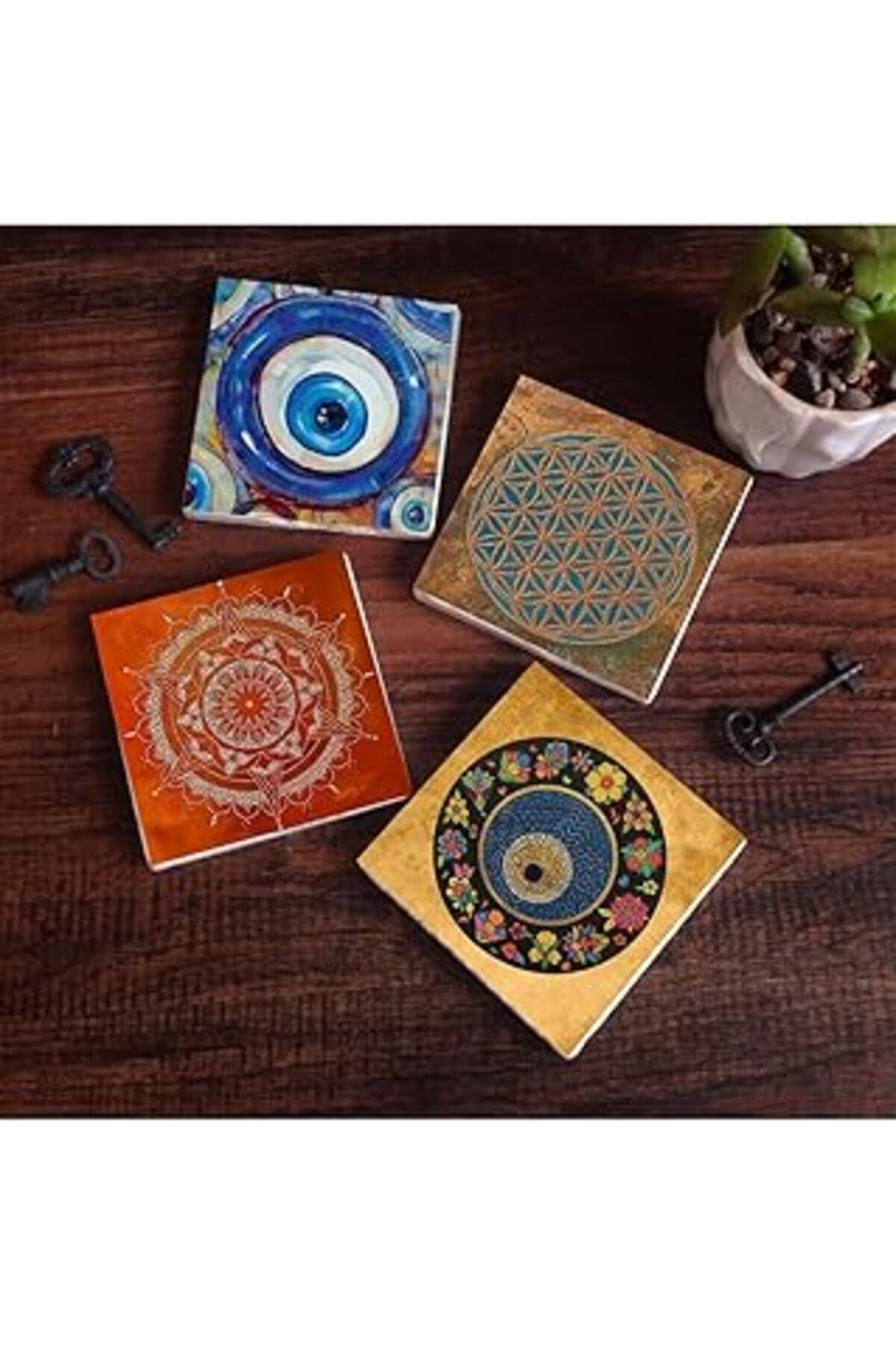 ASİTAN Pinecone Nazar, Yaşam Çiçeği, Mandala Taş Bardak Altlığı Seti - 4 Parça - Dekoratif, Rustik Mutfak