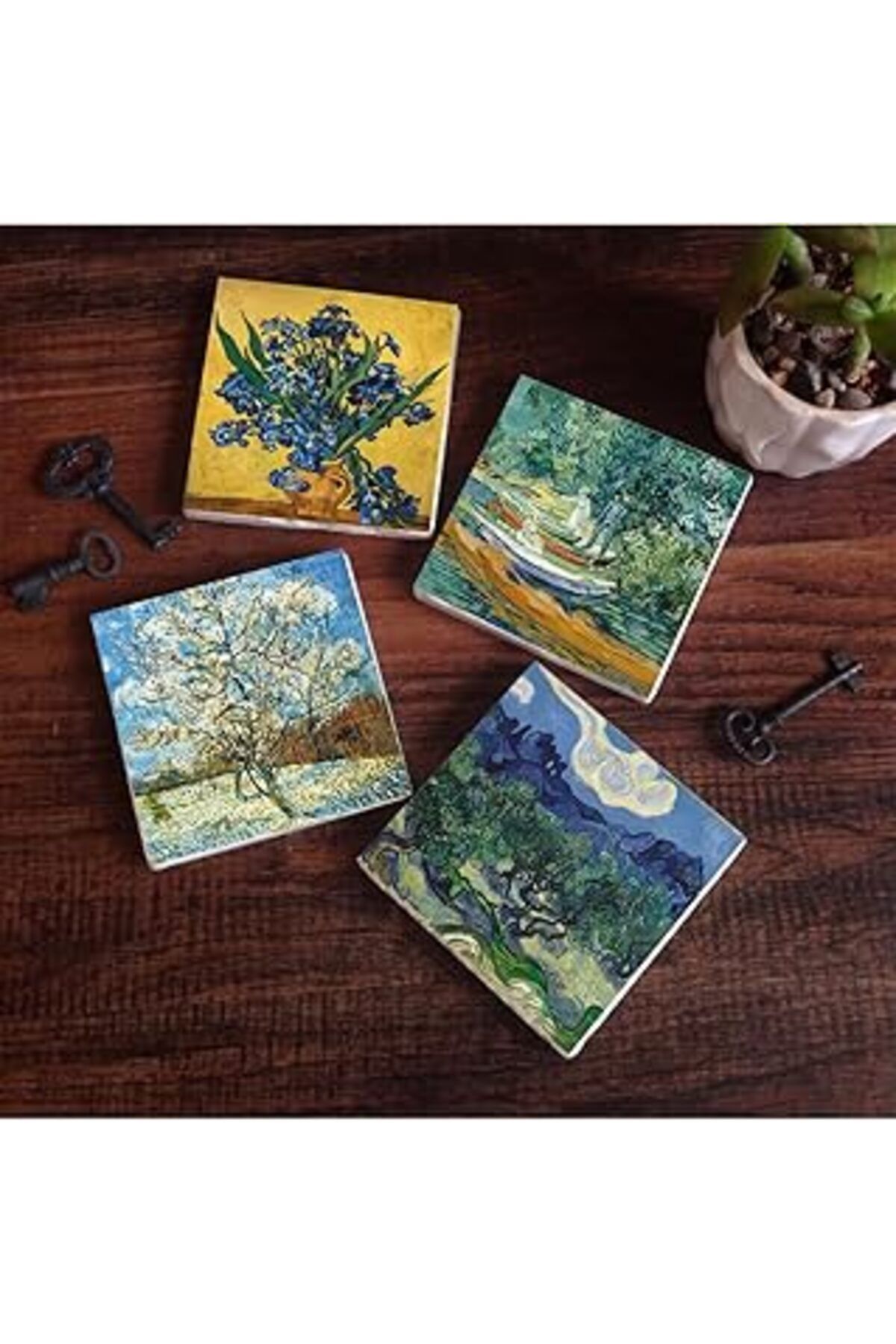 NETWORK ART Pinecone Van Gogh Zeytin Ağaçları, Şeftali Ağacı, Süsenler, Oise Bankası Taş Bardak Altlığı Seti -