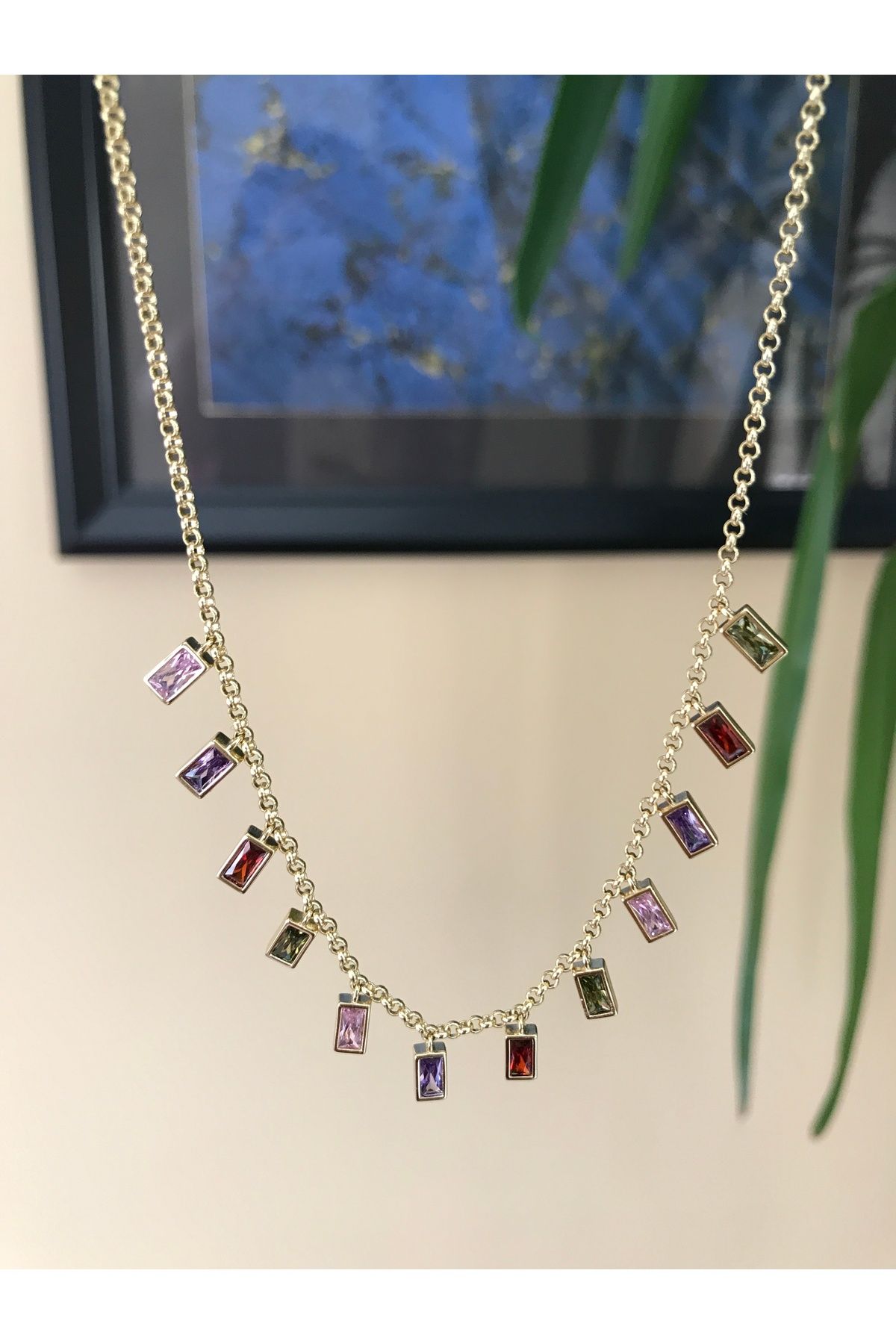 XUPİNGS JEWELRY Sallantılı Renkli Baget Taşlı Trend Model 14 Ayar Rengi Xuping Kolye