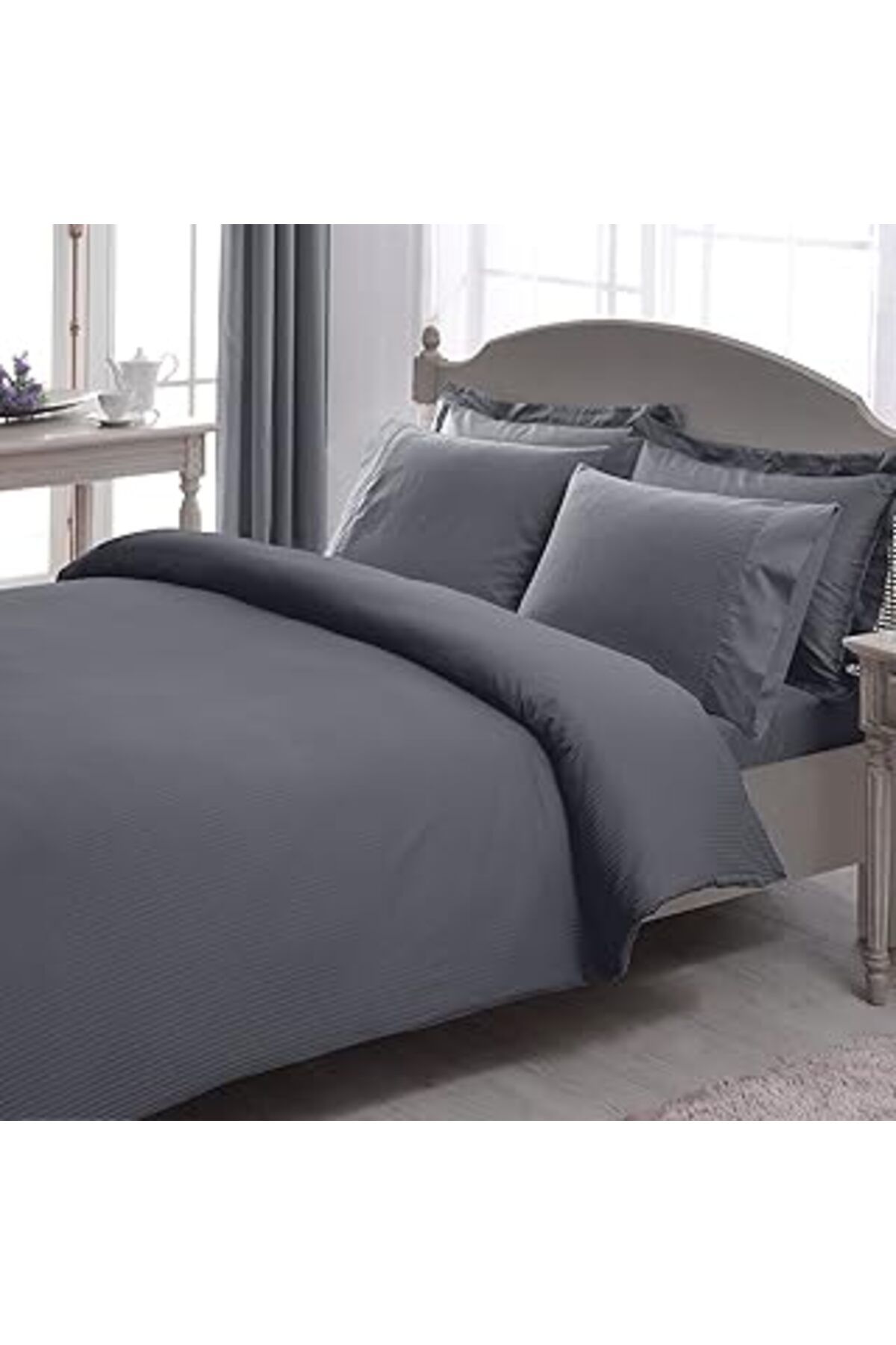 Qedii Stripe Çizgili%100 Pamuk Nevresim Takımı, Antrasit, King Size