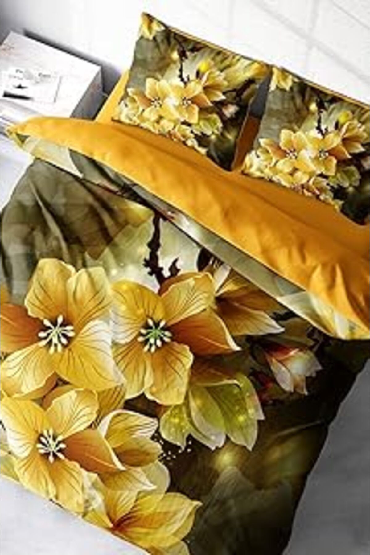 Qedii Monohome Yellow Flowers 3D Çift Kişilik Nevresim Takımı