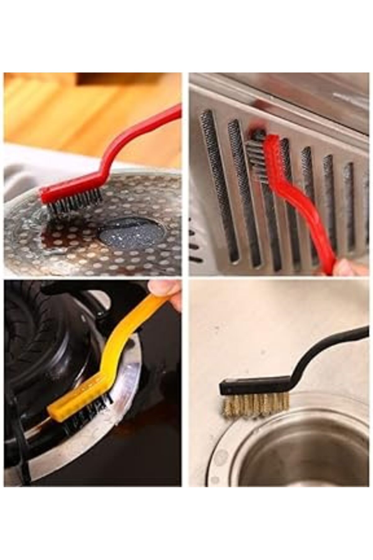 Mu Art Ahşap Yunhan 3 Parça Tel Fırça Detaylı Temizlik Seti,Çok Amaçlı Banyo Mutfak Temizleme Fırçası