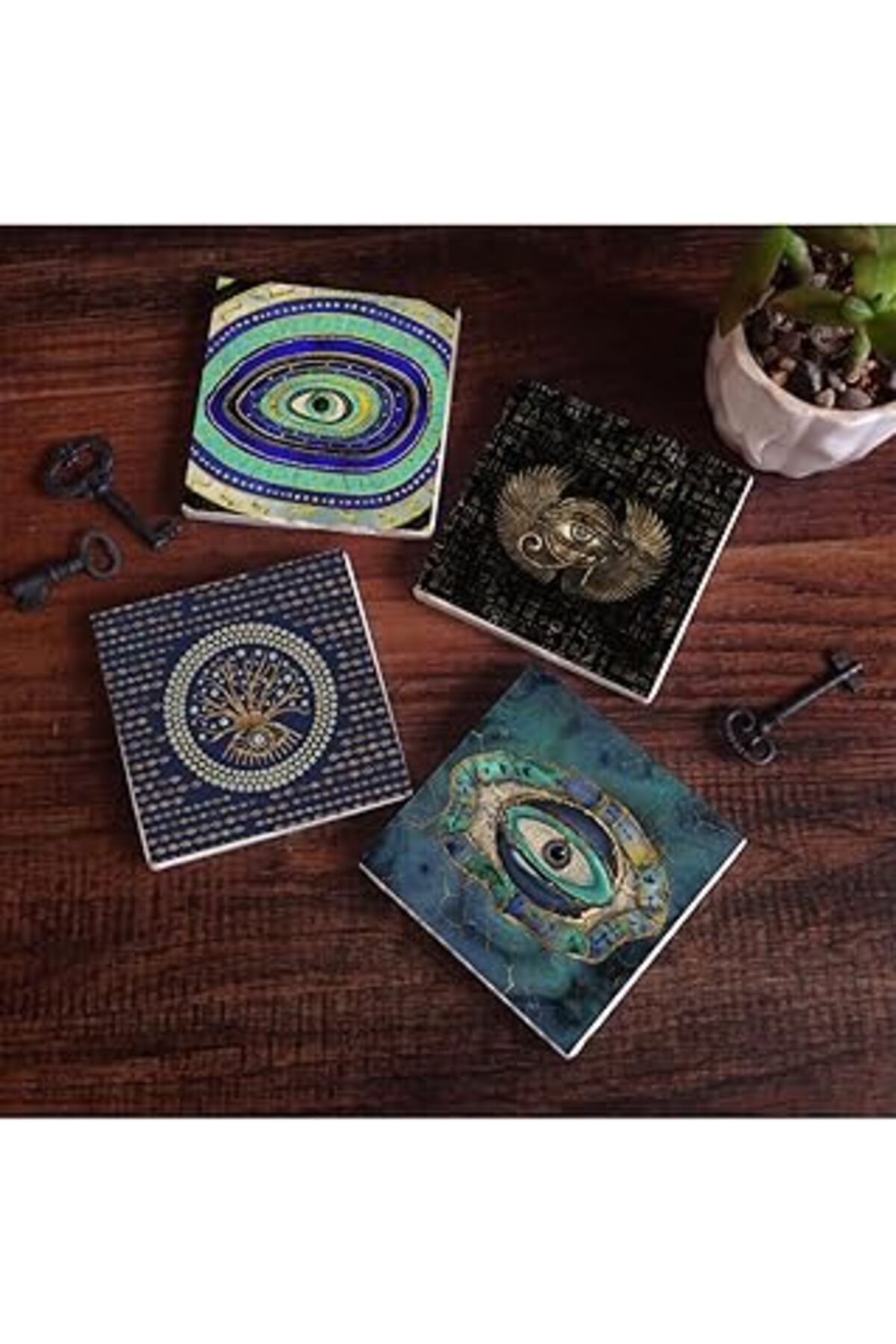 ASİTAN Pinecone Nazar, Horus'Un Gözü Taş Bardak Altlığı Seti - 4 Parça - Dekoratif, Rustik Mutfak Aksesuar