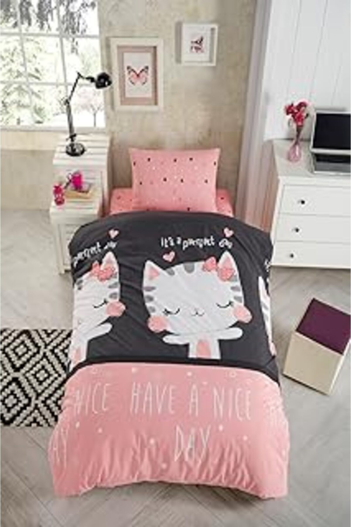 ASİTAN Laliva Çarşafı Lastikli Doğal Sağlıklı Pamuk Kedili Siyah/pembe Tek Kişilik Nevresim Takımı, Pembe