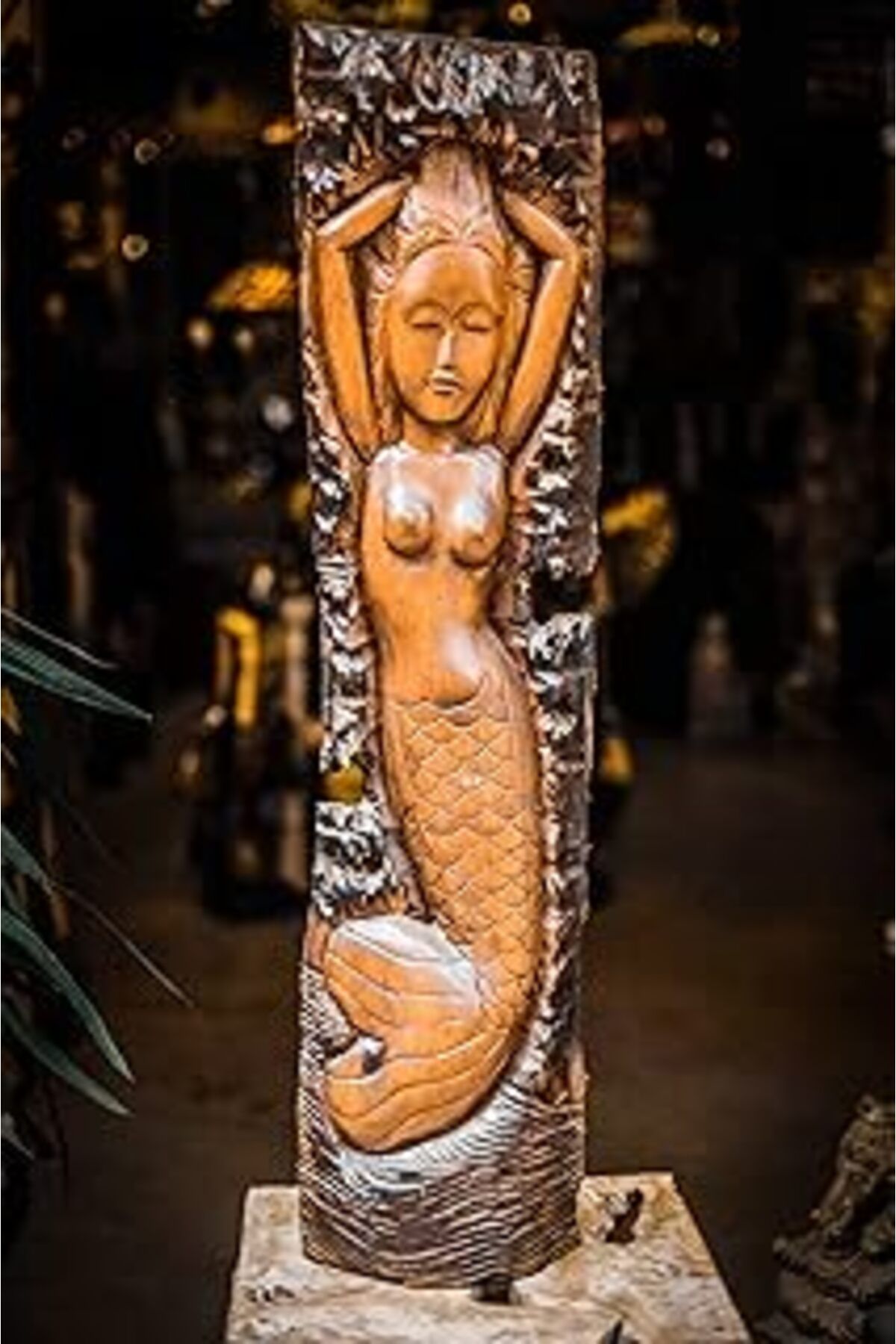 ASİTAN Wooden Mermaid, Bali El Yapımı Ahşap Heykel, Yoga Meditasyon Zen Dekor, Blok Ağaç Içine Oyma Denizk