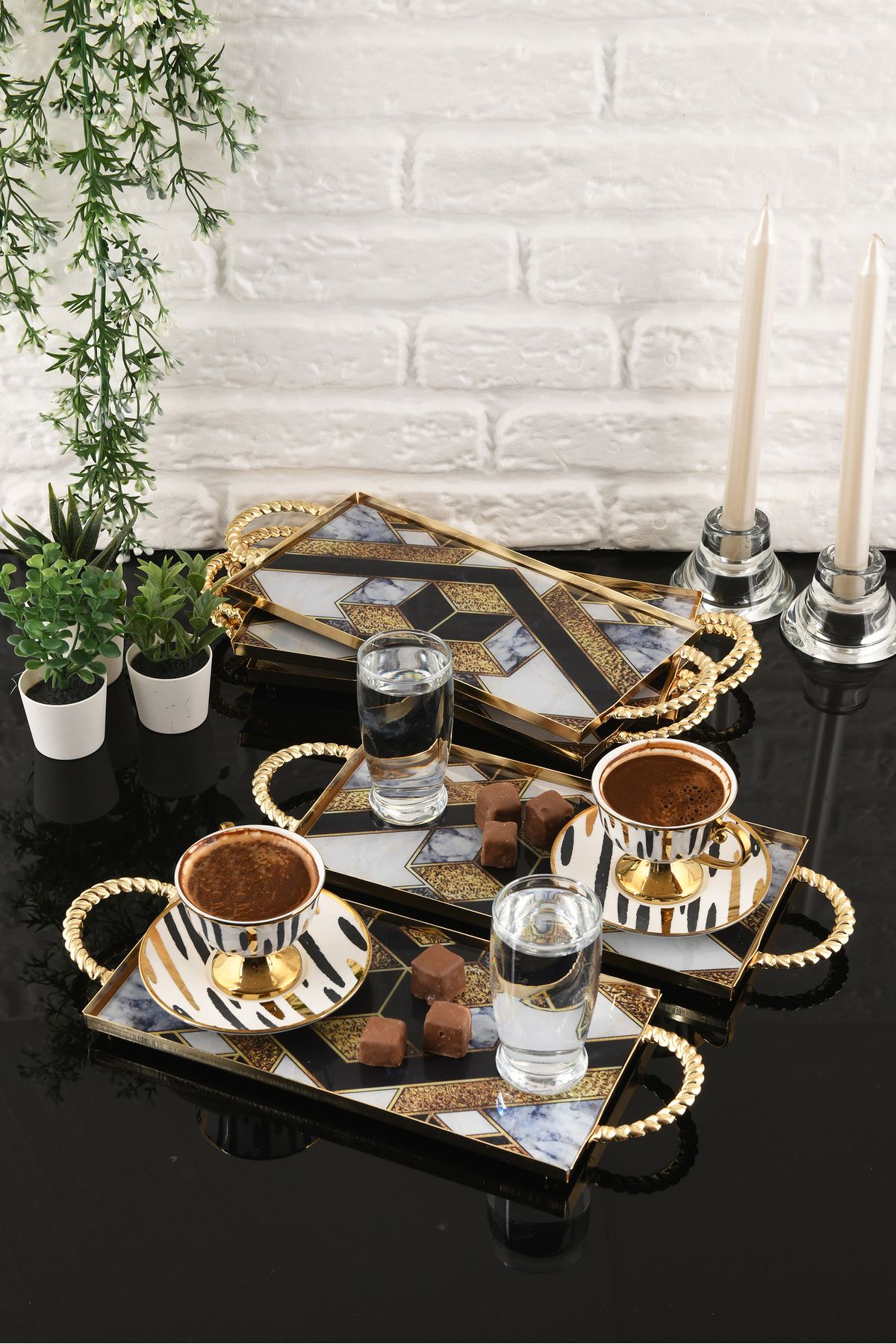 HELVACIOĞLU AKSESUAR 6 Adet Kulplu Kahve ,Pasta, Kek, Baklava, Kurabiye, Çay Sunum Tepsisi 12x25 cm Gold