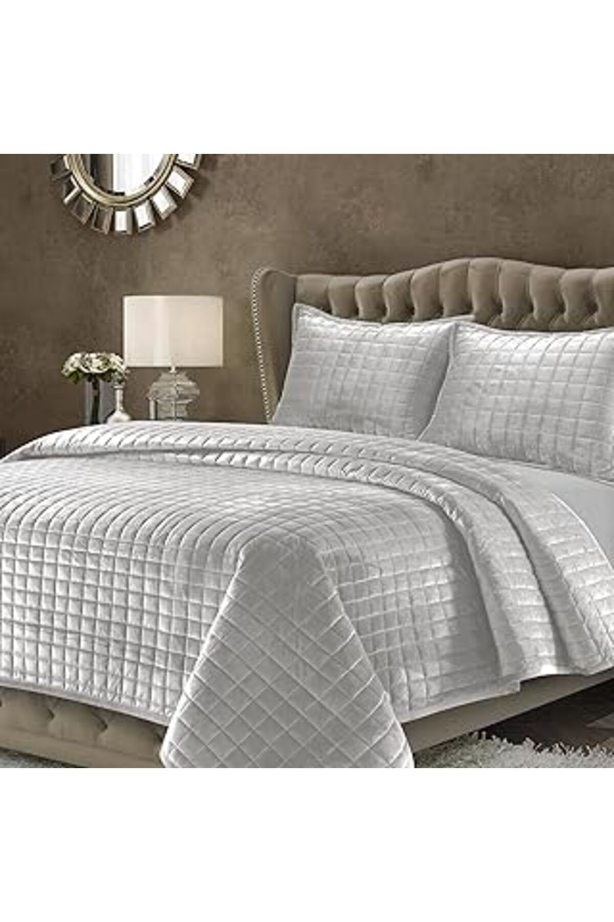 Qedii Tribeca Living Florence Kadife Büyük Boy Düz Yorgan Seti, Mikrofiber, Gümüş Gri, Queen