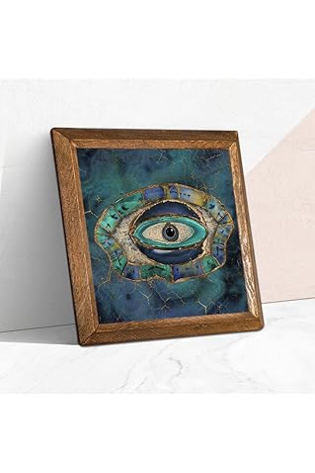 ASİTAN Pinecone Nazar Göz Taş Duvar Tablosu - Ahşap Çerçeveli Taş Tablo - 25X25 Cm - Dekoratif Duvar Sanat