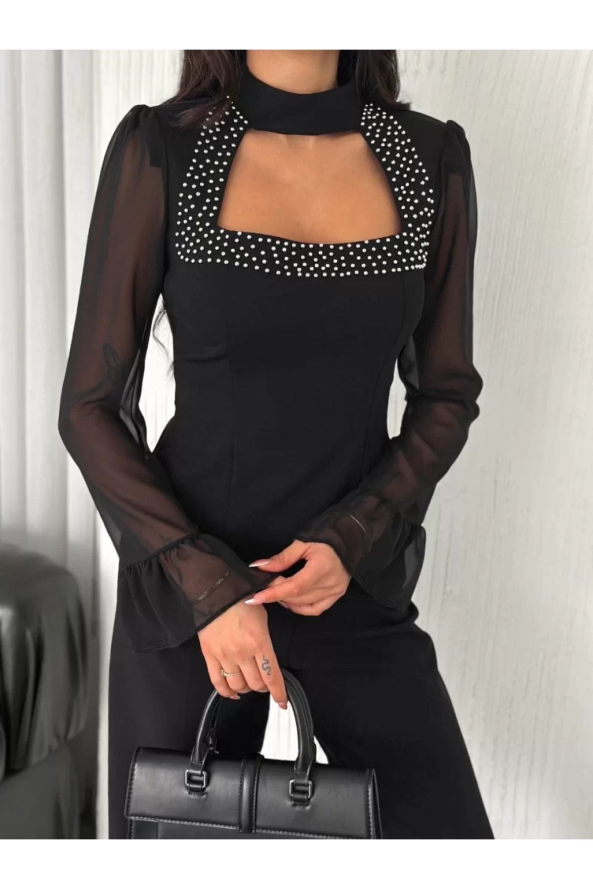 ruum fashions Penye Uzun Kollu Kolları Şifon Göğüste İnci Boncuk detaylı Bluz