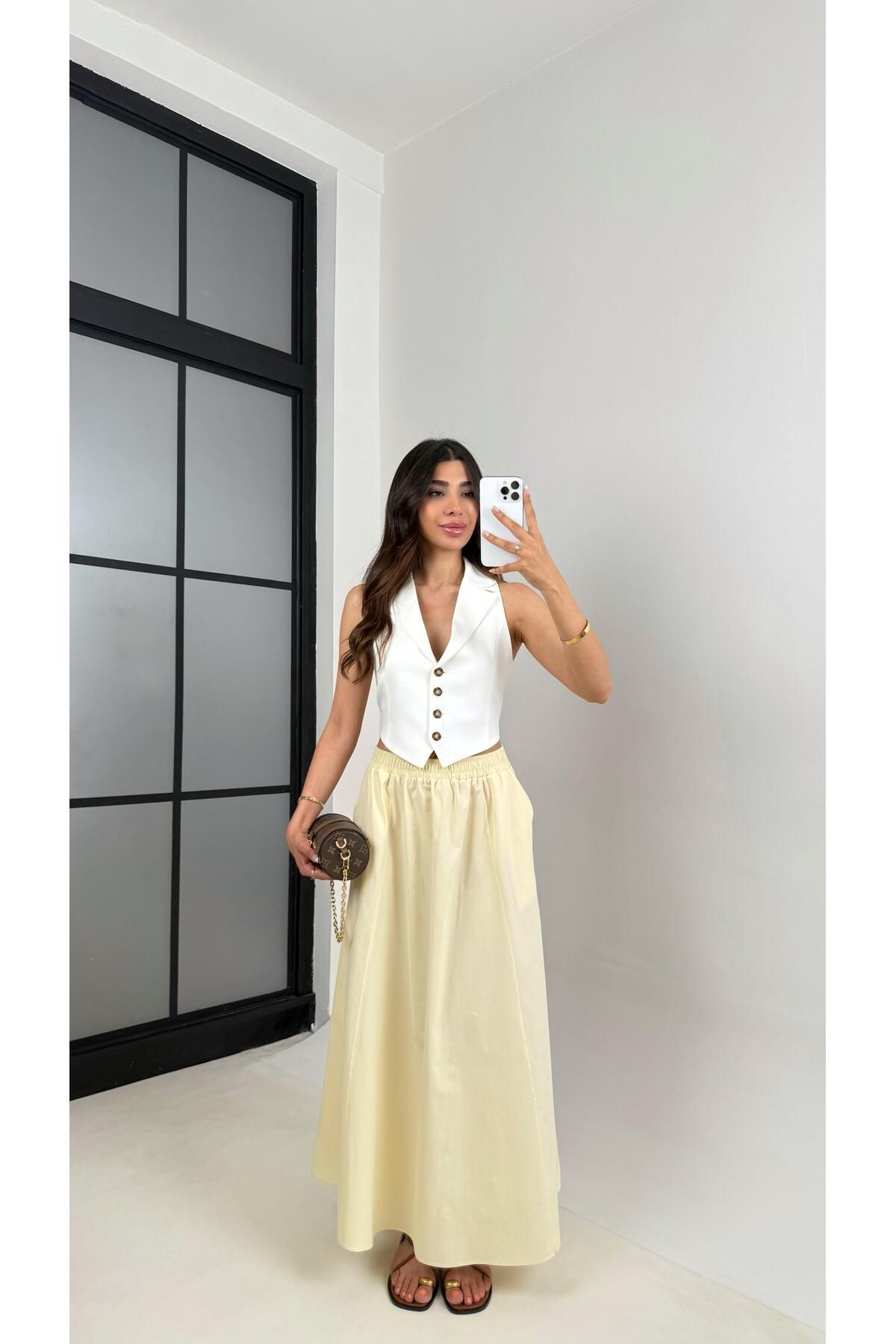 Gaus Sarı Beli Lastikli Cepli Poplin Etek Gaus00485