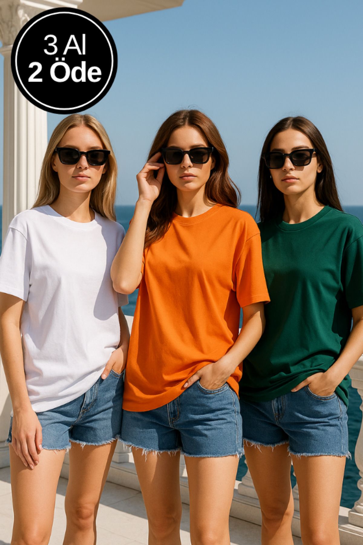 Rich Kadın 3'lü Paket Turuncu-Yeşil-Beyaz %100 Pamuk Oversize Basic Tişört Bisiklet Yaka Relaxed T-Shirt
