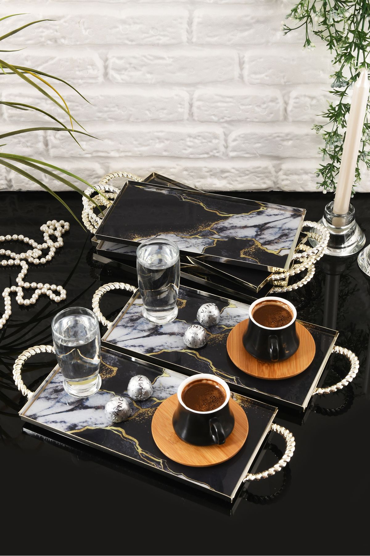 HELVACIOĞLU AKSESUAR 6 Adet Kulplu Kahve ,Pasta, Kek, Baklava, Kurabiye, Çay Sunum Tepsisi 12x25 cm Gümüş