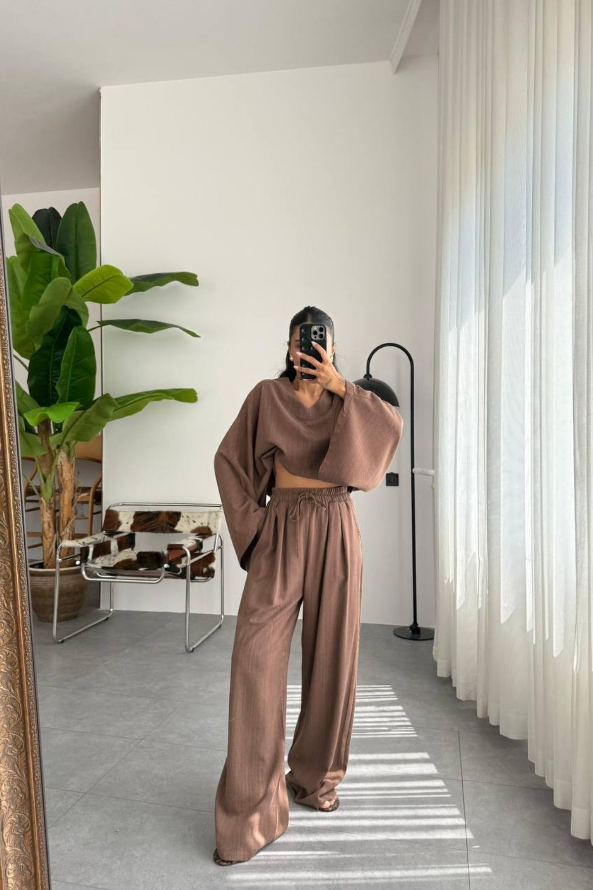 Love Fab Geniş Kol V Yaka Crop Keten Pantolon Takım