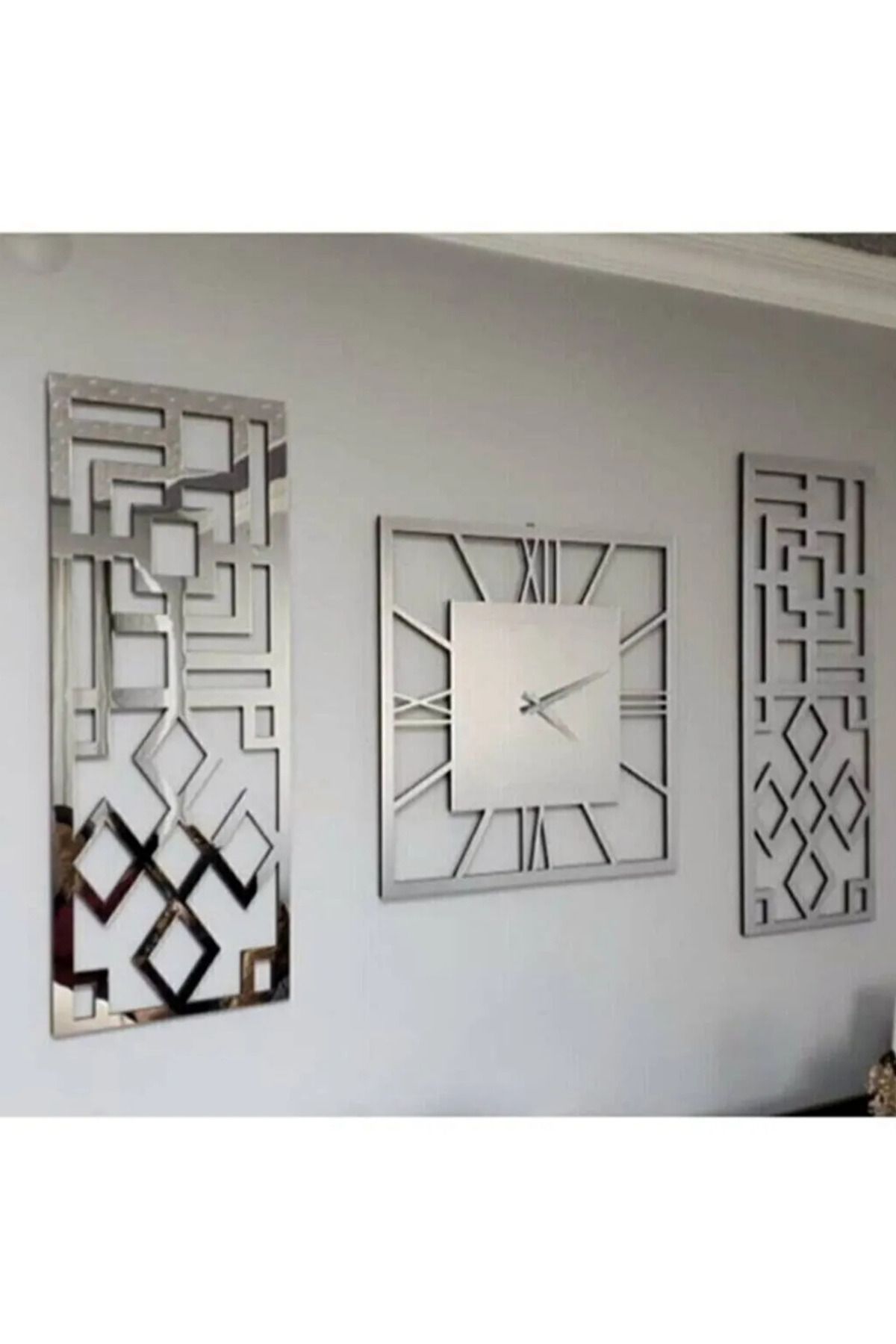 NT Handmade Gümüş Pleksi Aynalı Dekoratif Duvar Saati ve 3 lü Mdf Tablo Seti Duvar Dekoru