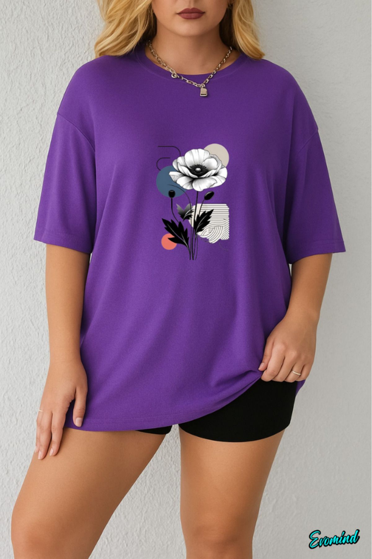 Evomind Büyük Beden Çiçek Baskılı T-shirt