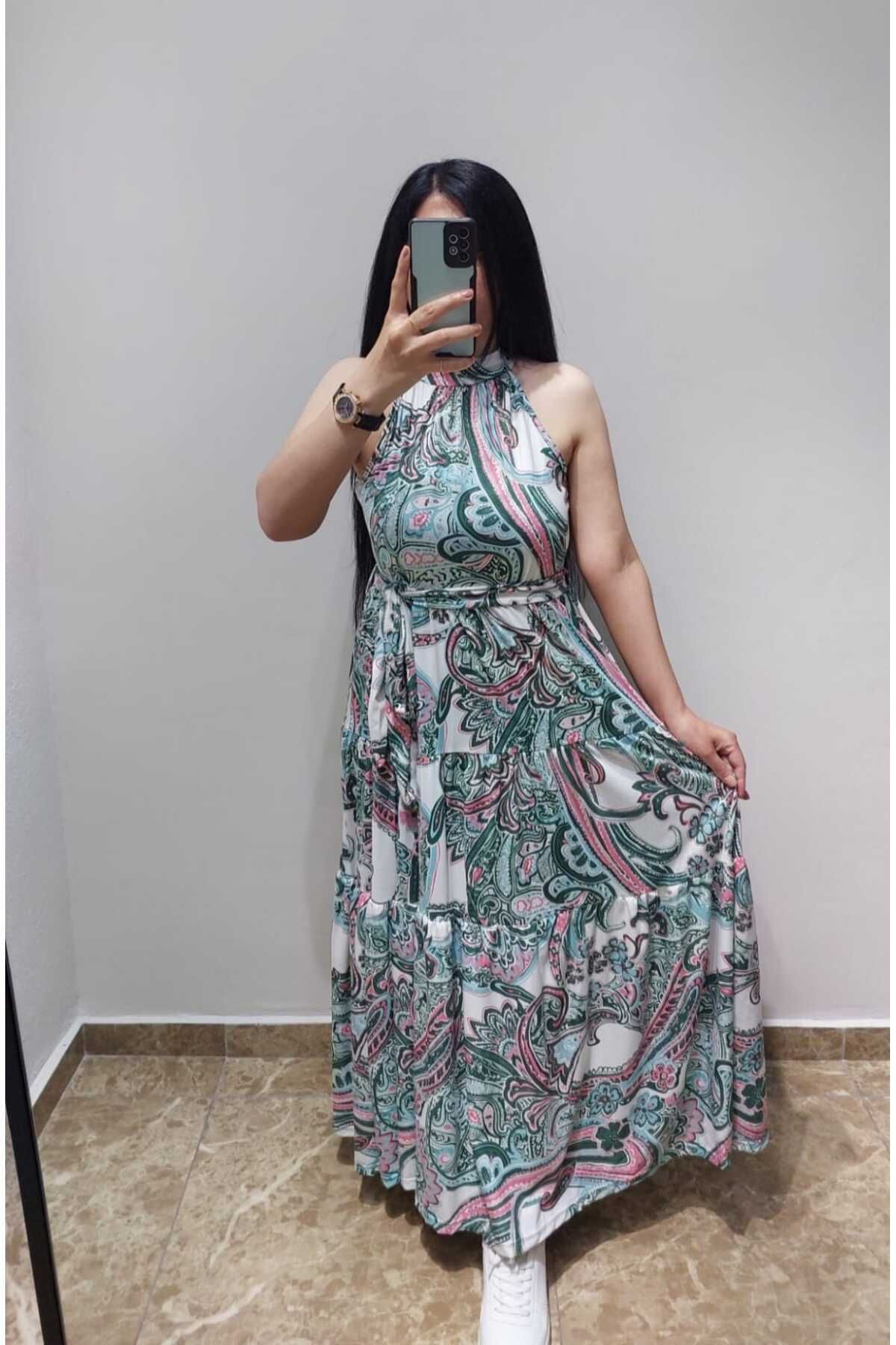 Nida Çelik Collection Desenli Uzun Elbise