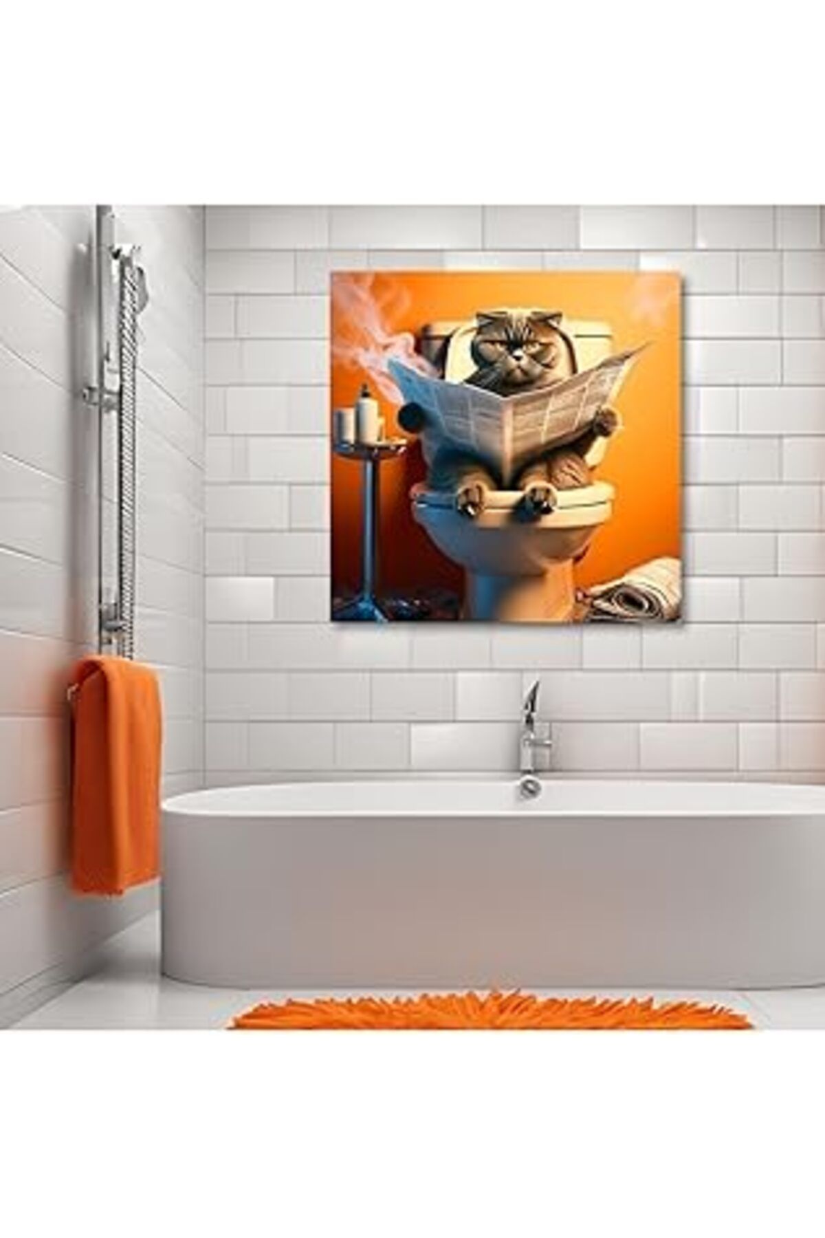 NETWORK ART Gaagart Tekli Kare Kanvas Banyo Tablosu Gazete Okuyan Gri Scottish Fold, 50 X 50
