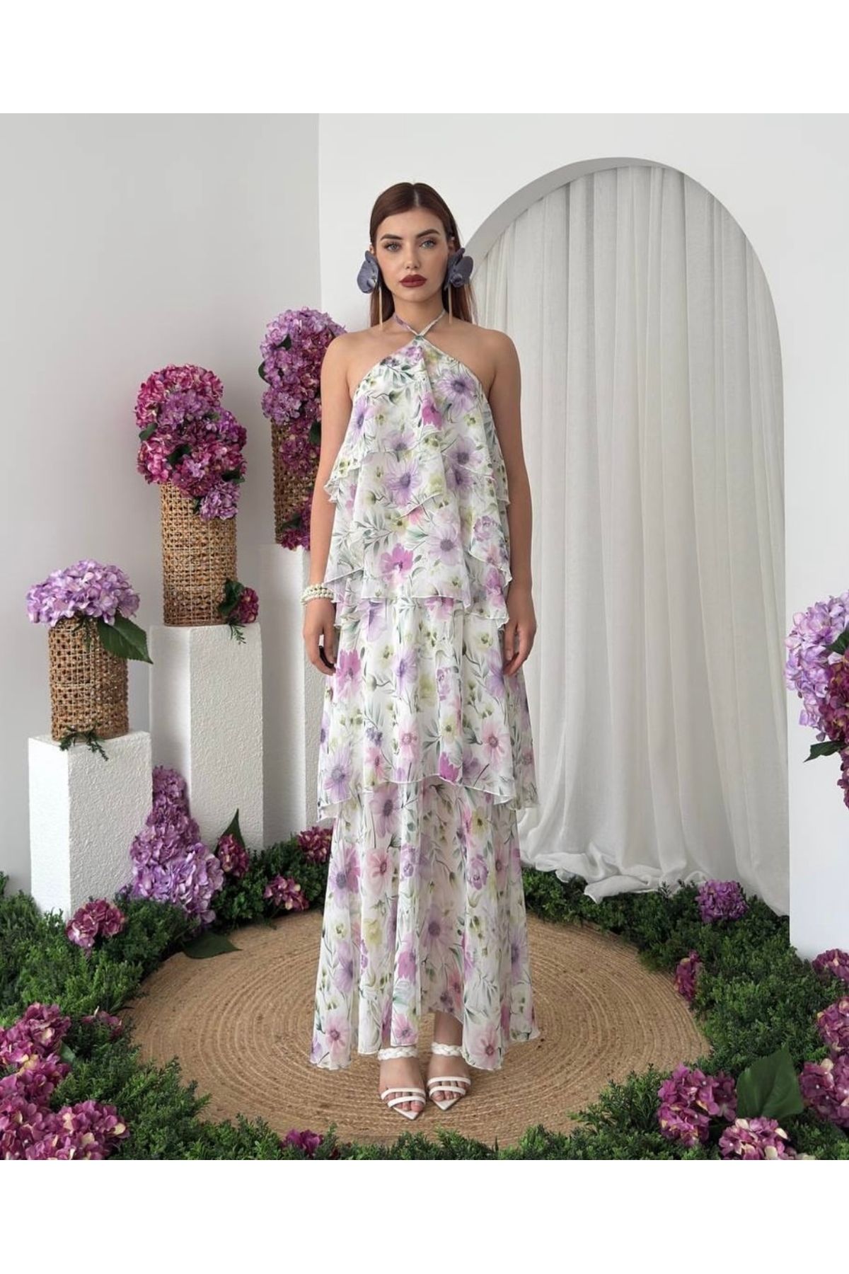 Tumtum Wear Çiçek desenli boyundan bağlamalı fırfır detaylı şifon şık elbise