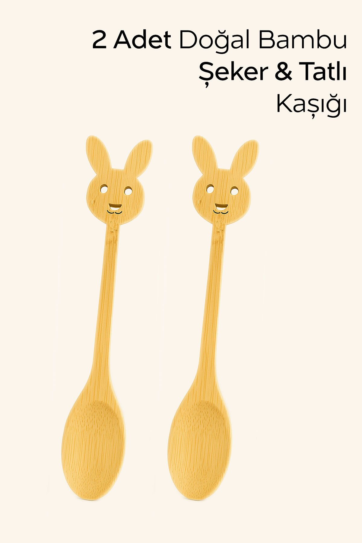 ARVALE 2 Adet Doğal Bambu Tavşan Model Şeker & Tatlı Kaşığı - 14 cm