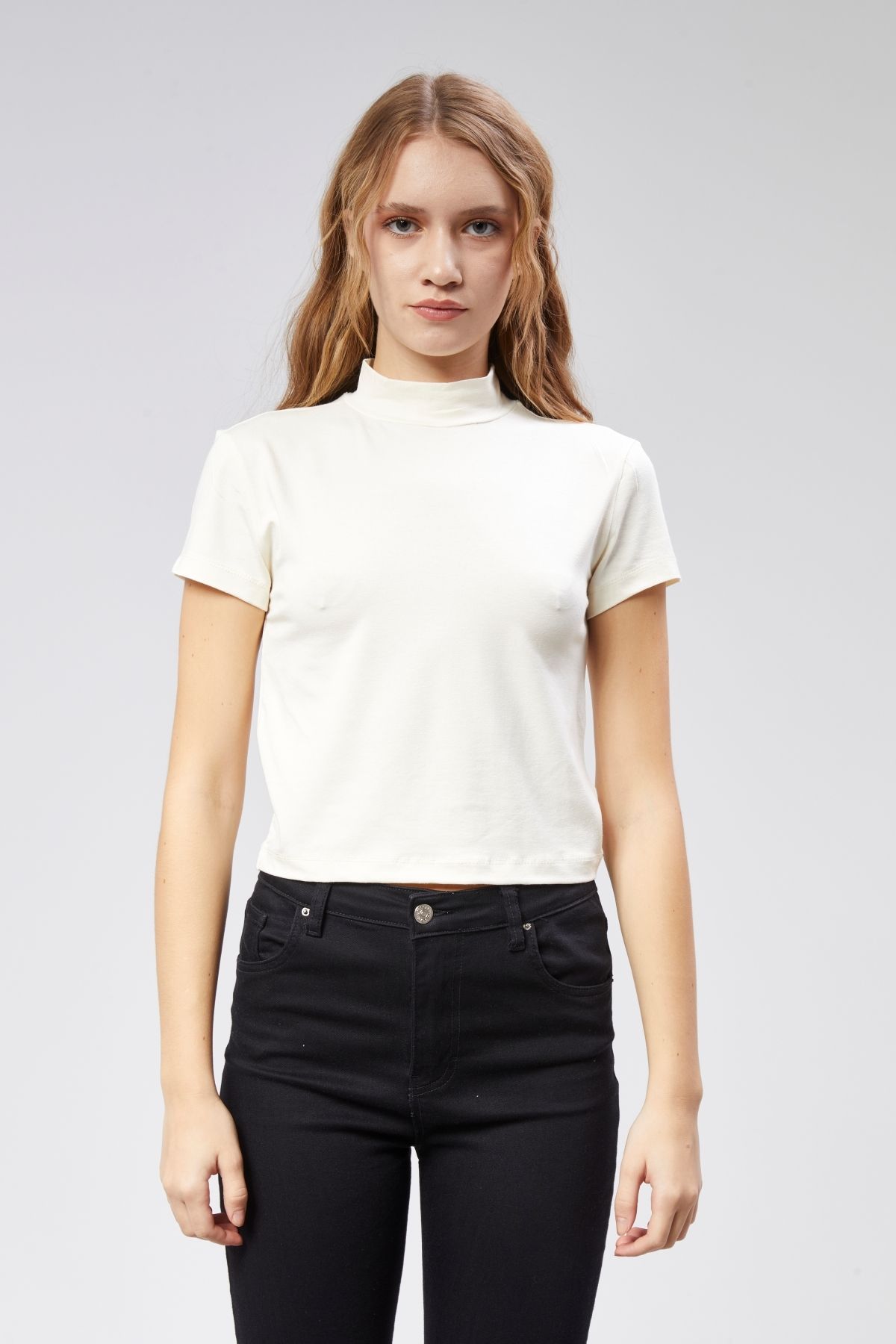 TF The Fancy For You Kadın Yarım Balıkçı Yaka Viscon Kumaş Kısa Kollu Crop Bluz