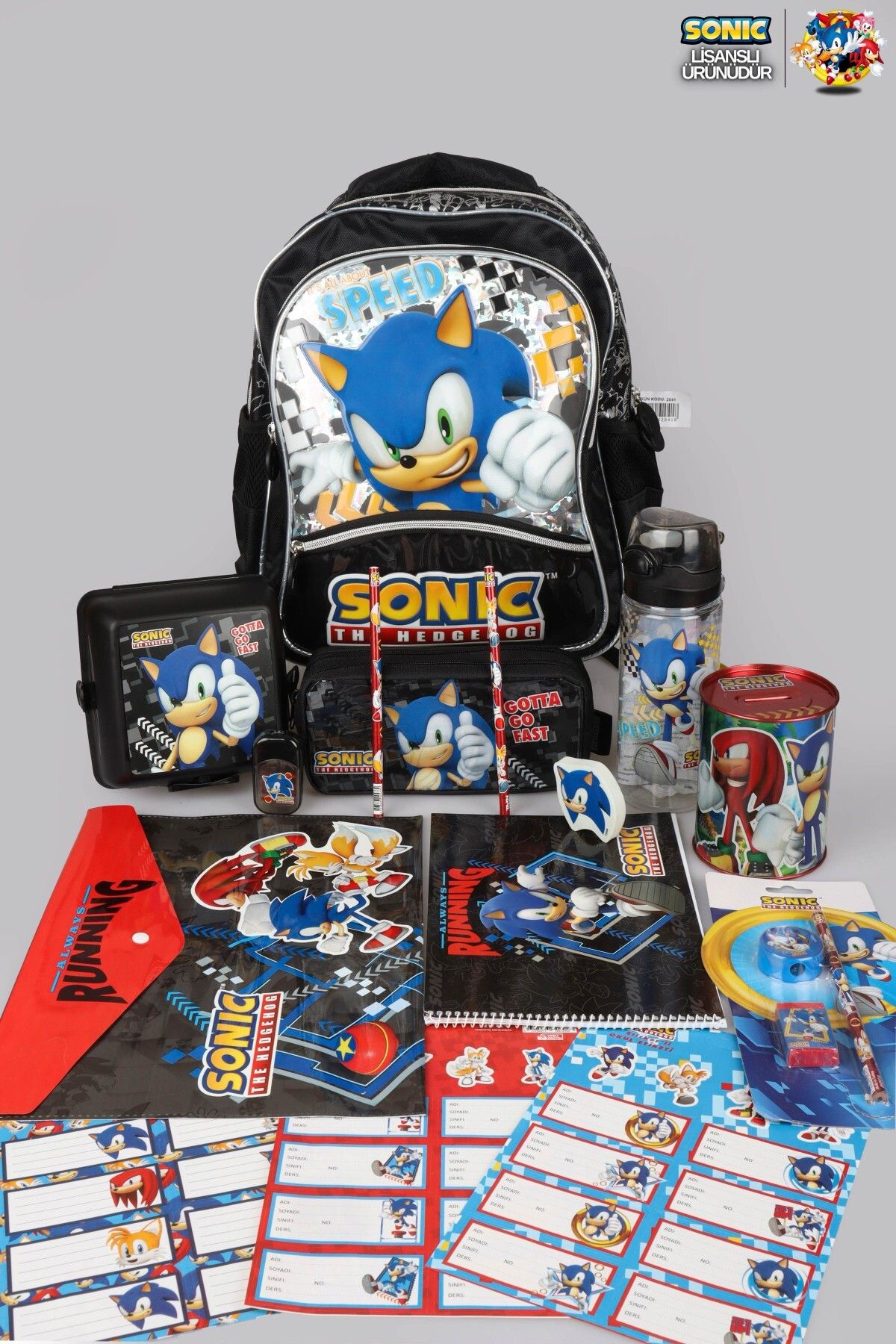 Sonic DEKOMUS İLE LİSANSLI SONIC BÜYÜK BOY OKUL VE KALEM ÇANTASI İLE MATARA,BESLENME KABI KIRTASİYE SETİ
