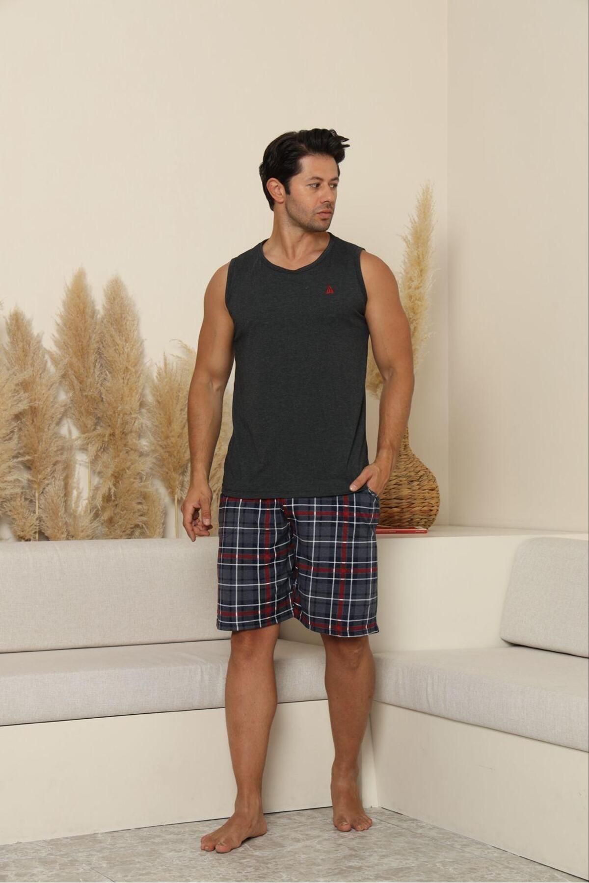PİJAMUS Erkek Ekoseli Pamuklu Sıfır Kollu Şortlu Pijama Takımı