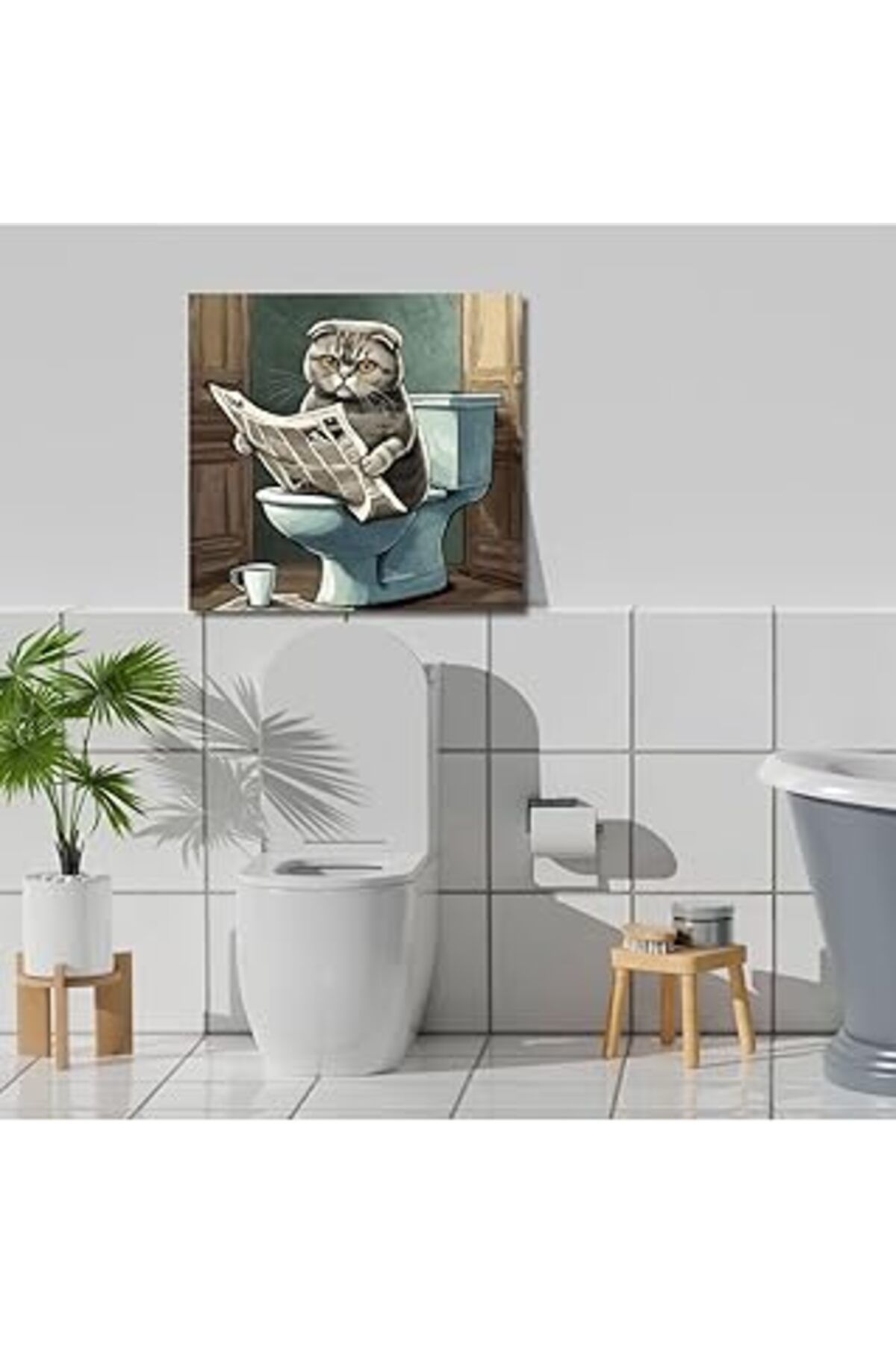 NETWORK ART Gaagart Tekli Kare Kanvas Banyo Tablosu Gazete Okuyan Scottish Kedi 50 X 50 Gartnm8332
