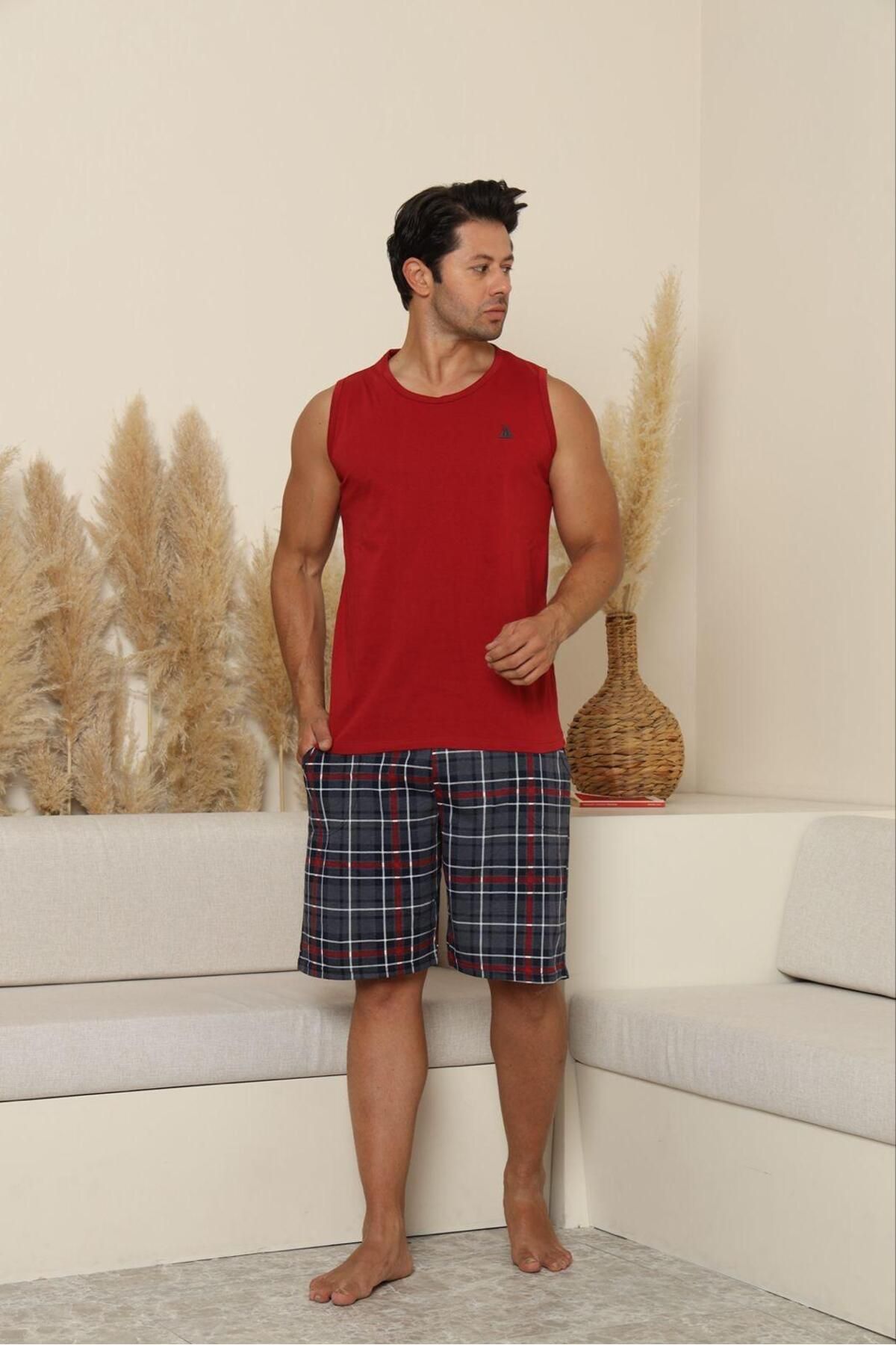 PİJAMUS Erkek Ekoseli Pamuklu Sıfır Kollu Şortlu Pijama Takımı
