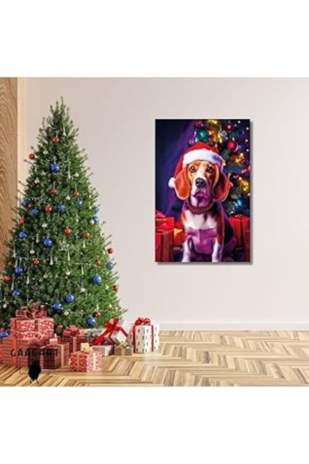 Mu Art Ahşap Gaagart Tekli Dikey Kanvas Duvar Tablosu Yılbaşı Hediyesi Noel Baba Kostümlü Beagle, 70 X 100