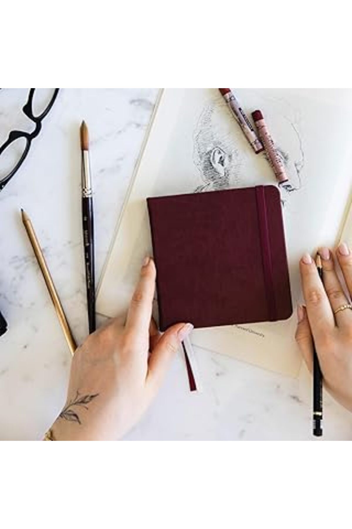 ASİTAN 12X12 Cm Sert Kapak 80 Yaprak 140 Gr. Eskiz Defteri - Sketch Book - Bordo