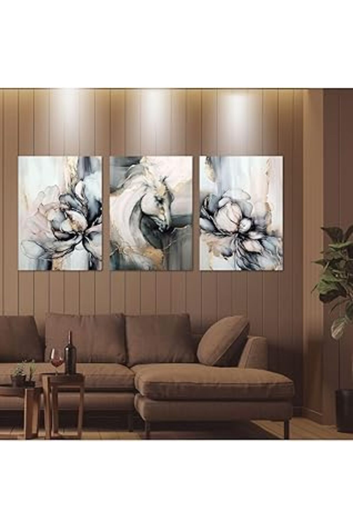 Pazarcan Gaagart 3'Lü Kanvas Tablo Seti Gold Beyaz Çiçekler Ve At Portresi 30 X 40 Gartnm1703