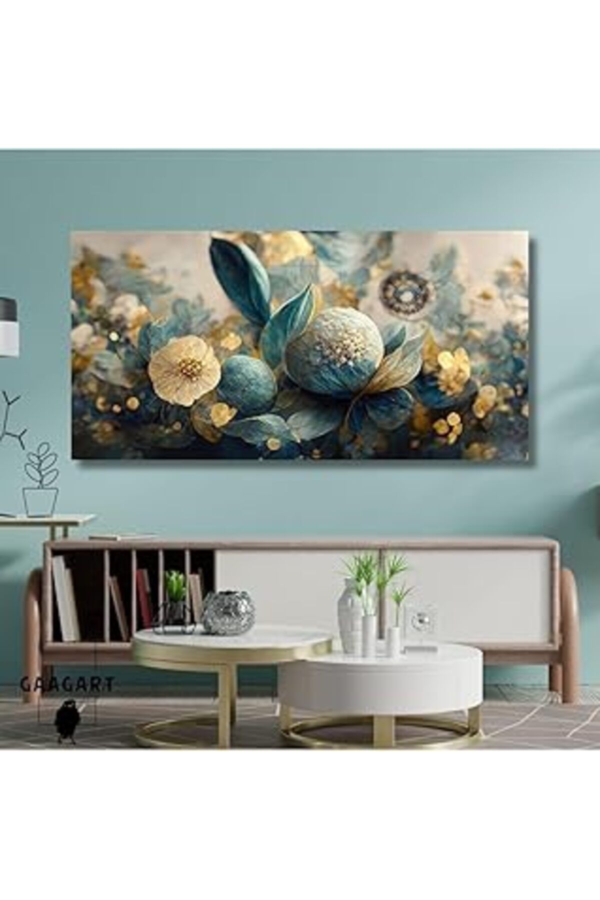Pazarcan Gaagart Panoramik Kanvas Duvar Tablosu Modern Mavi Yapraklı Çiçek, 120 X 60
