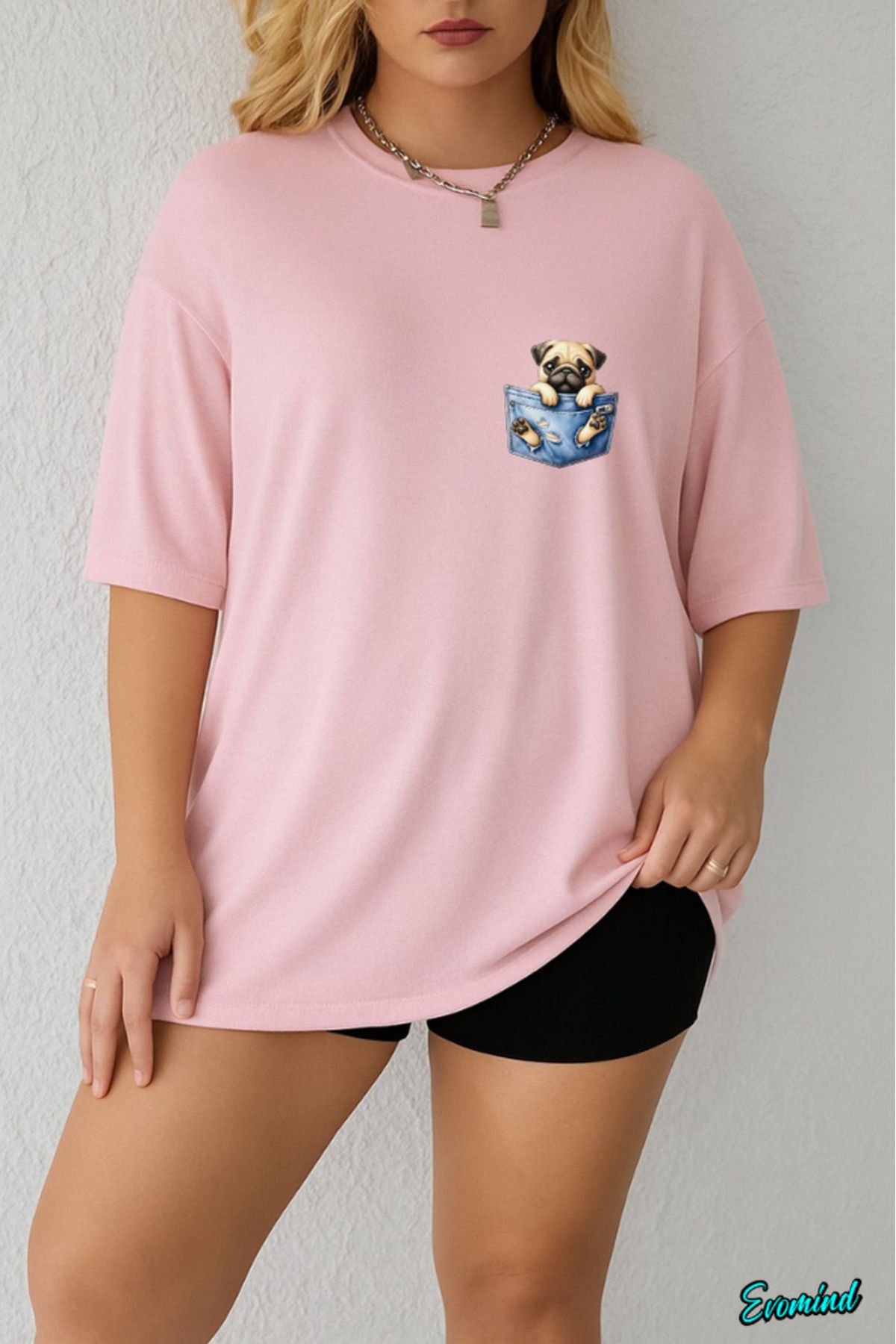 Evomind Büyük Beden Cepte Köpek Baskılı T-shirt