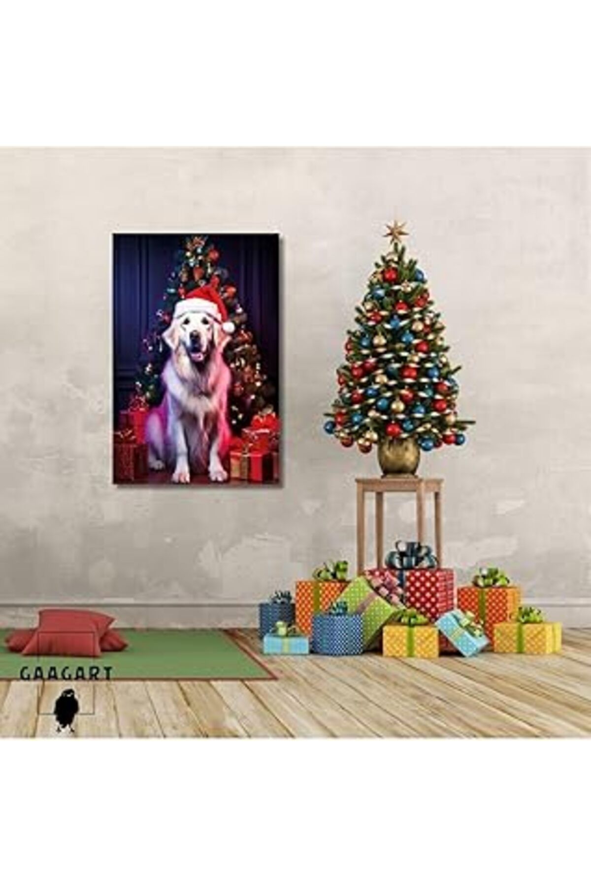 Pazarcan Gaagart Tekli Dikey Kanvas Duvar Tablosu Yılbaşı Hediyesi Noel Baba Kostümlü Golden Retriever, 40 X