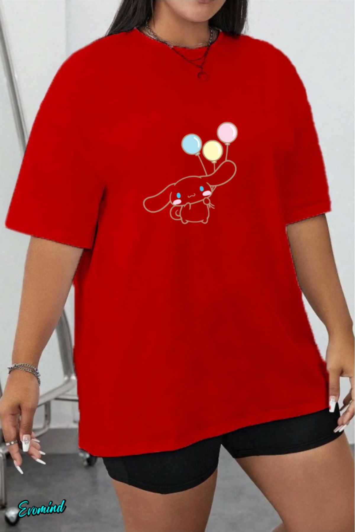 Evomind Büyük Beden Çizgi Karakter Baskılı T-shirt