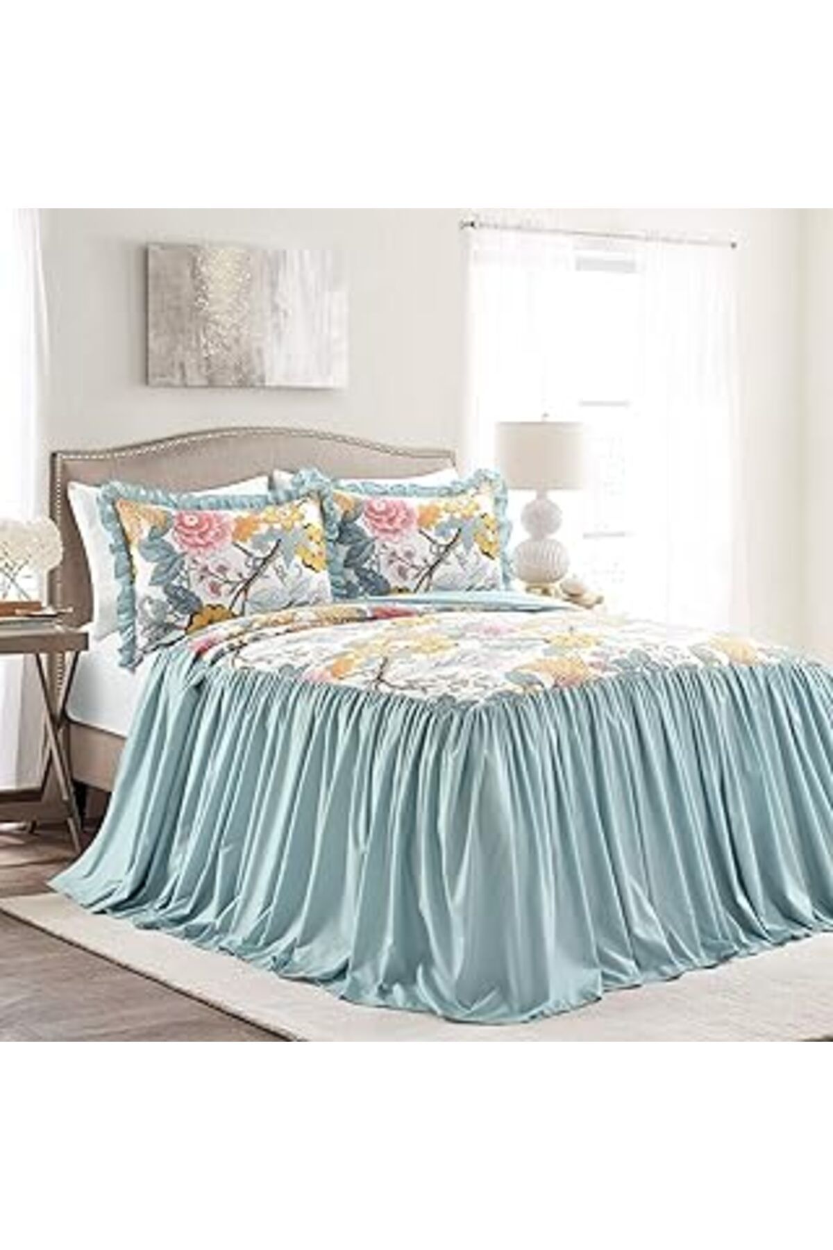 Qedii Lush Decor Lüks Yatak Takımı (Queen), Polyester, Mavi Ve Sarı