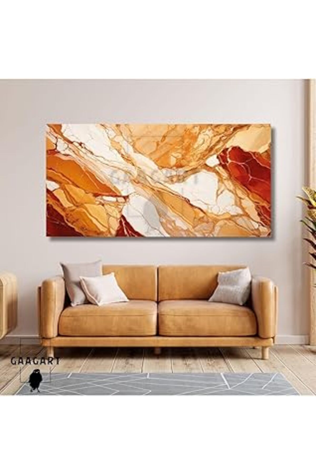 Mu Art Ahşap Gaagart Panoramik Kanvas Duvar Tablosu Soyut Turuncu Kremrengi Mermer Deseni, 100 X 50