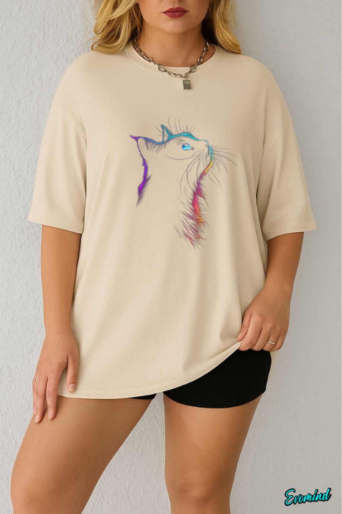 Evomind Büyük Beden Kedi Baskılı T-shirt