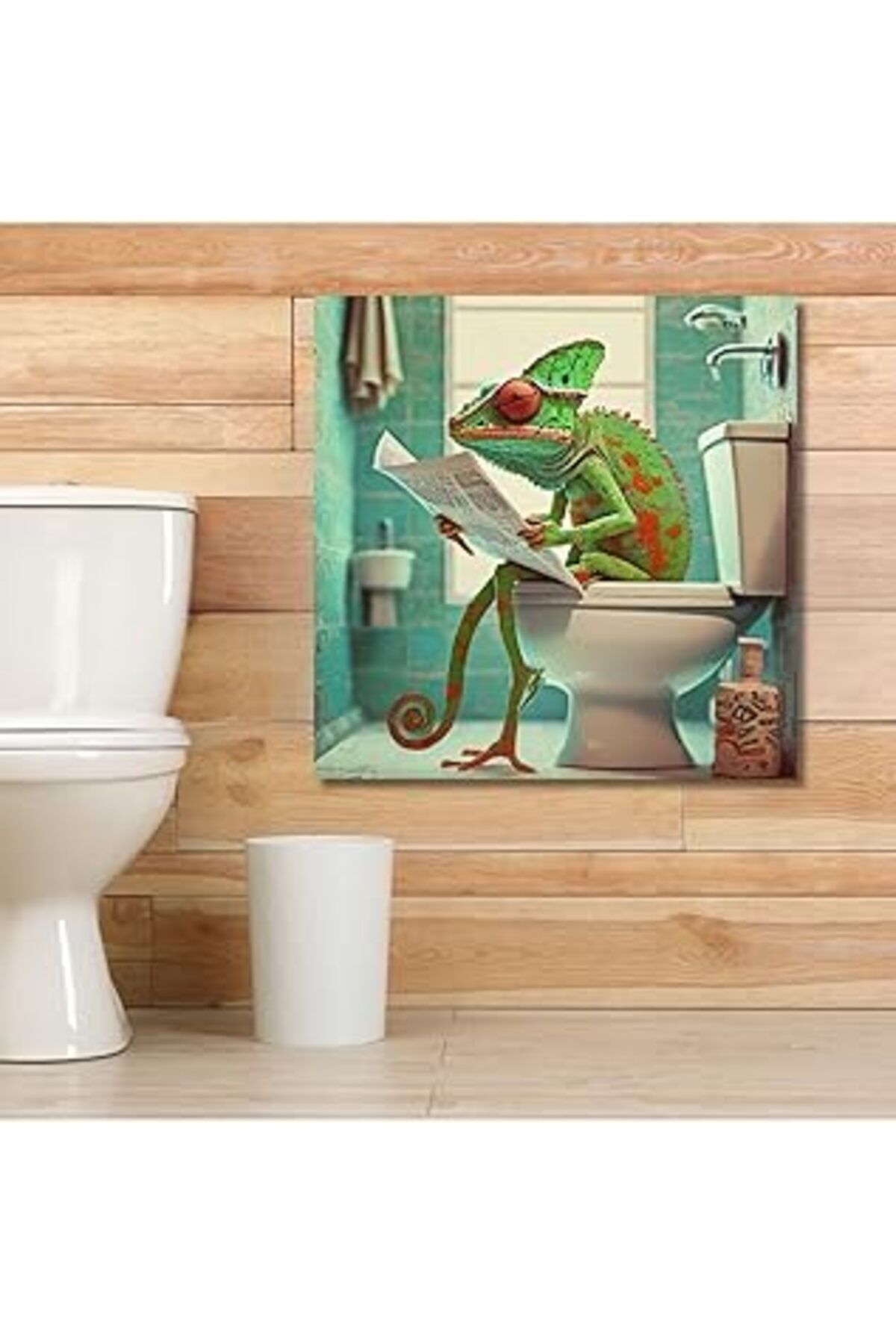 Mu Art Ahşap Gaagart Tekli Kare Kanvas Banyo Tablosu Gazete Okuyan Açık Yeşil Bukalemun, 40 X 40