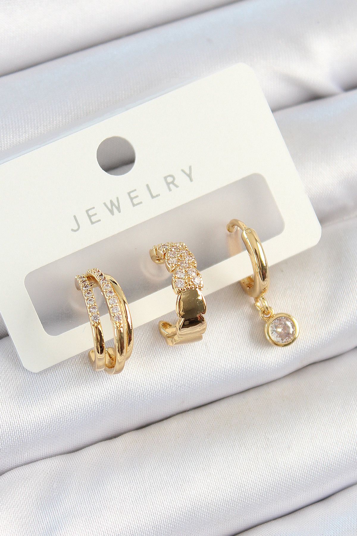 norsary Pirinç Zirkon Taşlı Halka Model Gold Renk 3'lü Çift Kadın Küpe Set