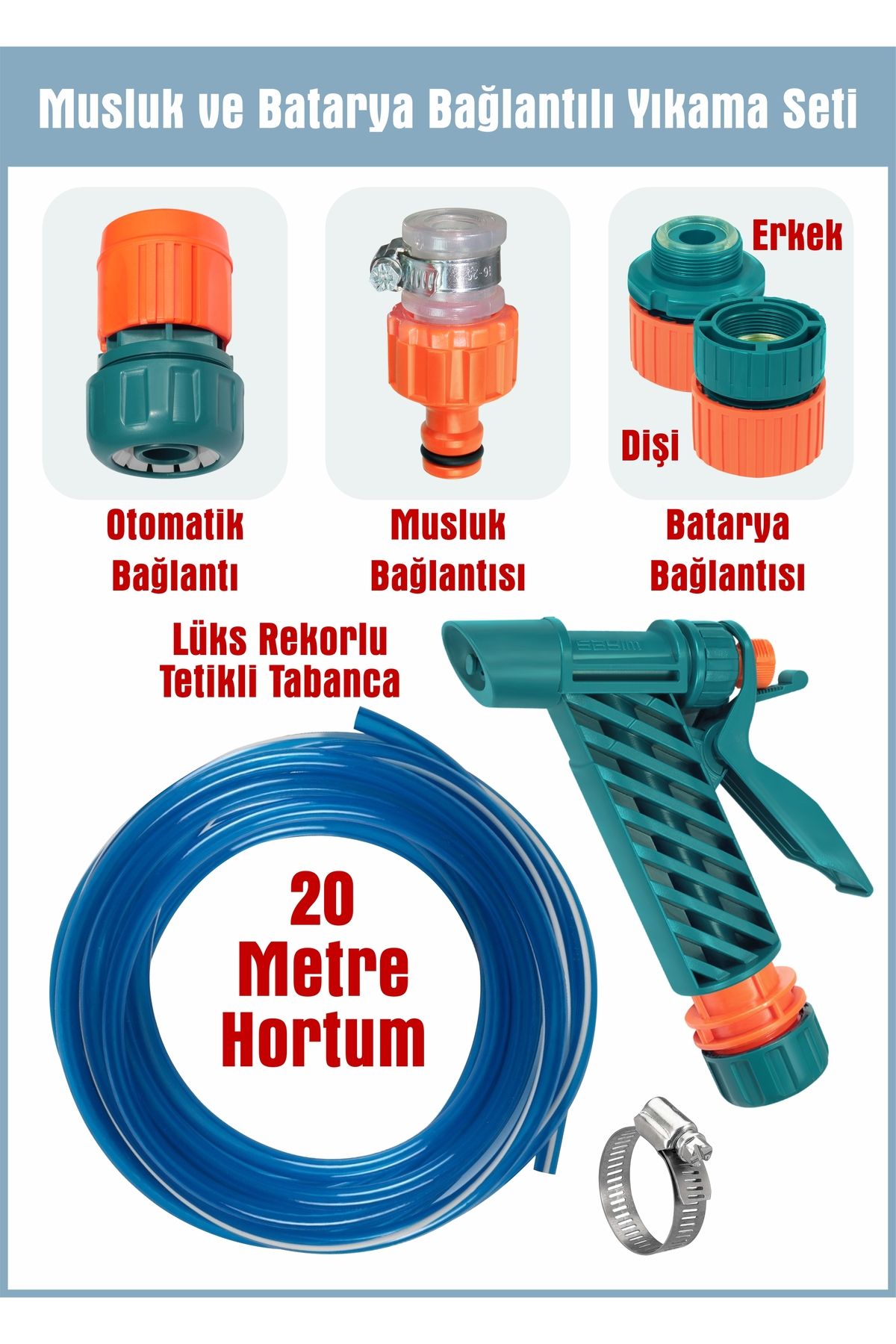 woodretro Batarya ve Musluk Uyumlu 20 metre hortumlu Tetikli Tabanca Tam Set