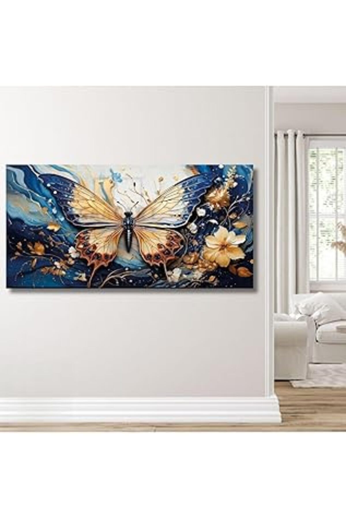 Pazarcan Gaagart Panoramik Kanvas Duvar Tablosuyağlı Boya Görünümlü Mavi Kelebek, 120 X 60