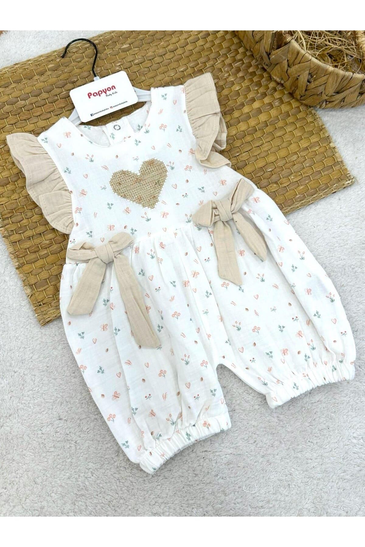Papyon Baby Kids Kalp Nakışlı Kız Bebek Natural Müslin Yazlık Tulum (6-9/9-12/12-18/18-24 Ay)
