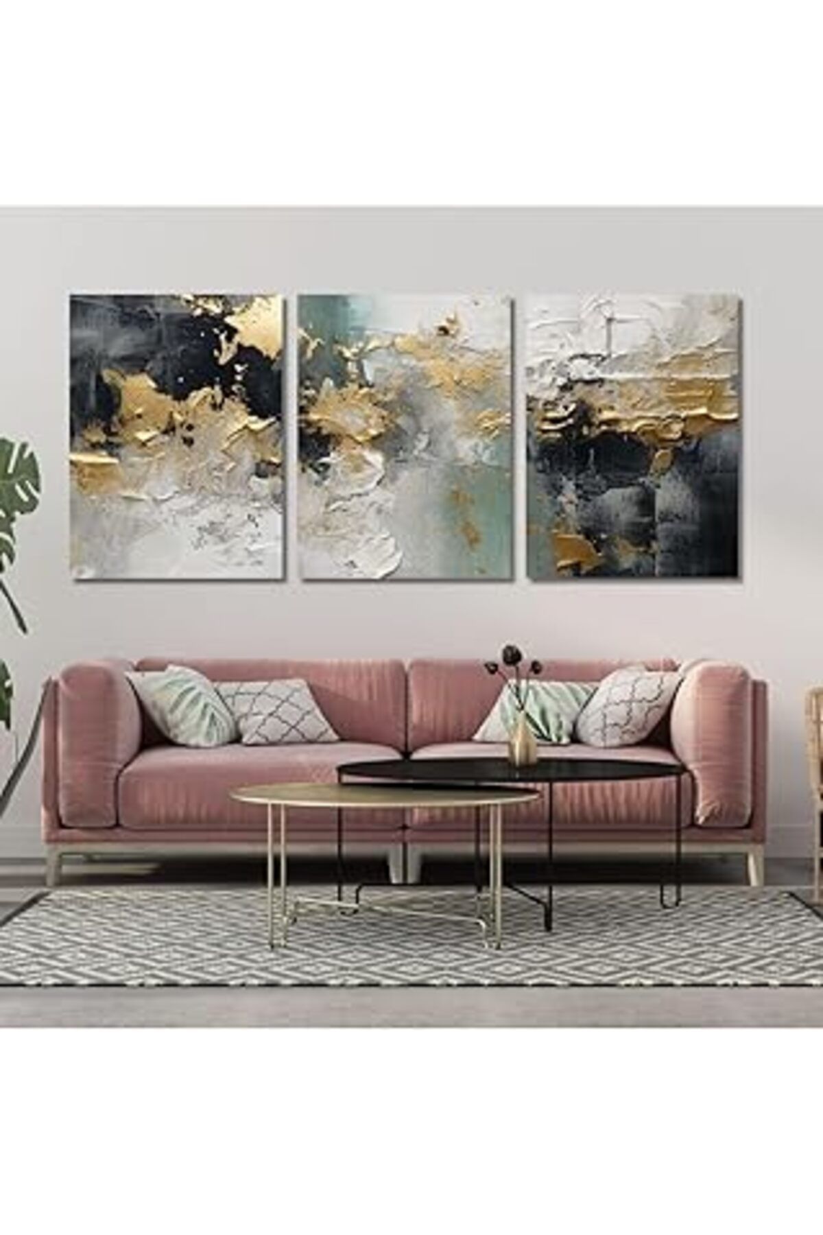 Pazarcan Gaagart 3'Lü Kanvas Duvar Tablosu Soyut Siyah Gold Desenler, 70 X 100
