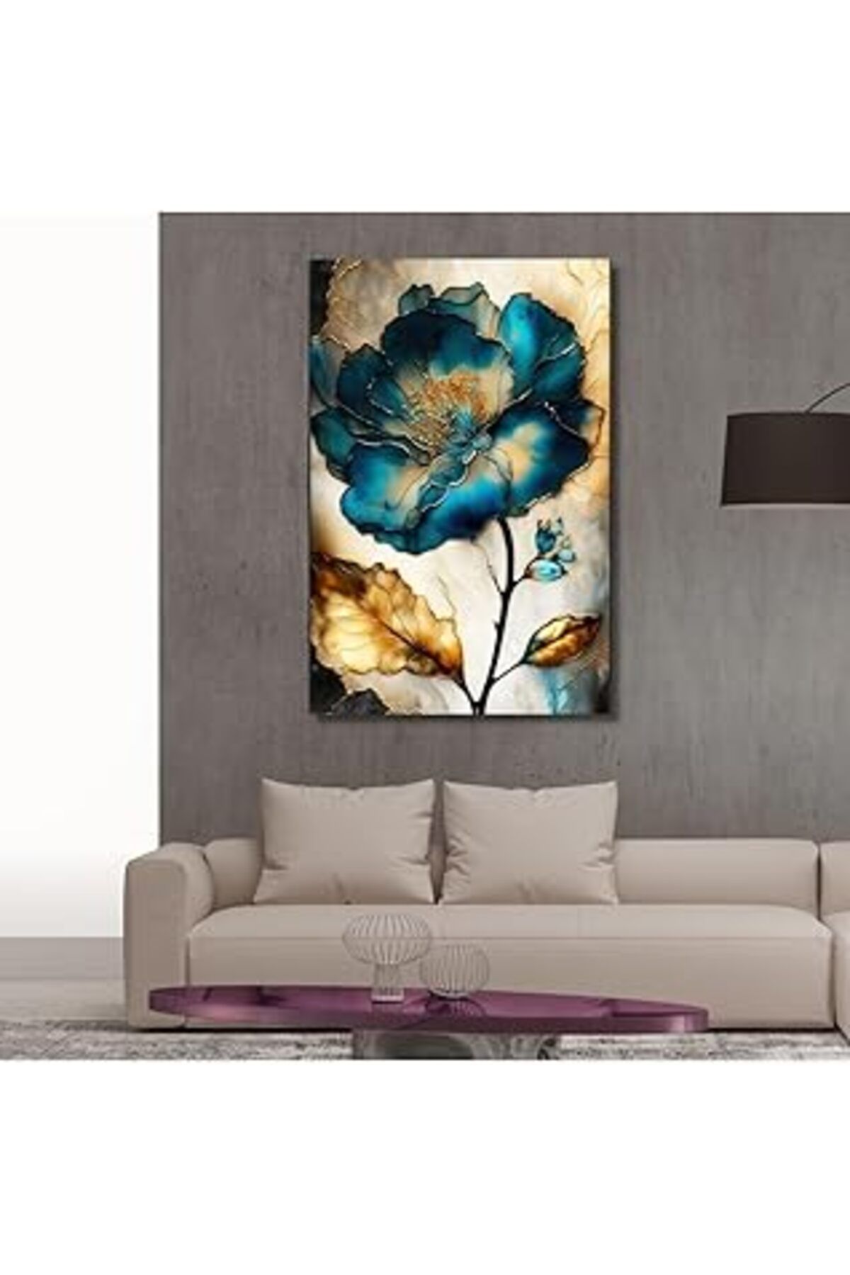 Mu Art Ahşap Gaagart Tekli Dikey Kanvas Duvar Tablosu Mavi Gold Çiçek Tasarımı, 40 X 60