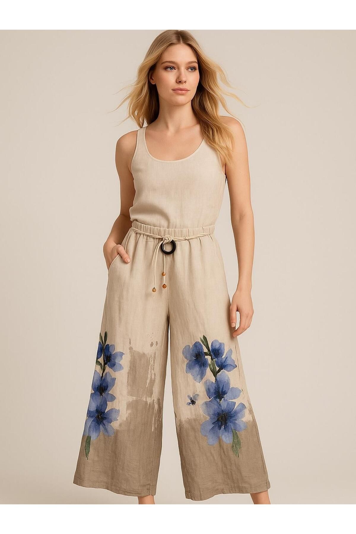 Butik İtalyan Çiçek Desenli Keten Pantolon - BEJ